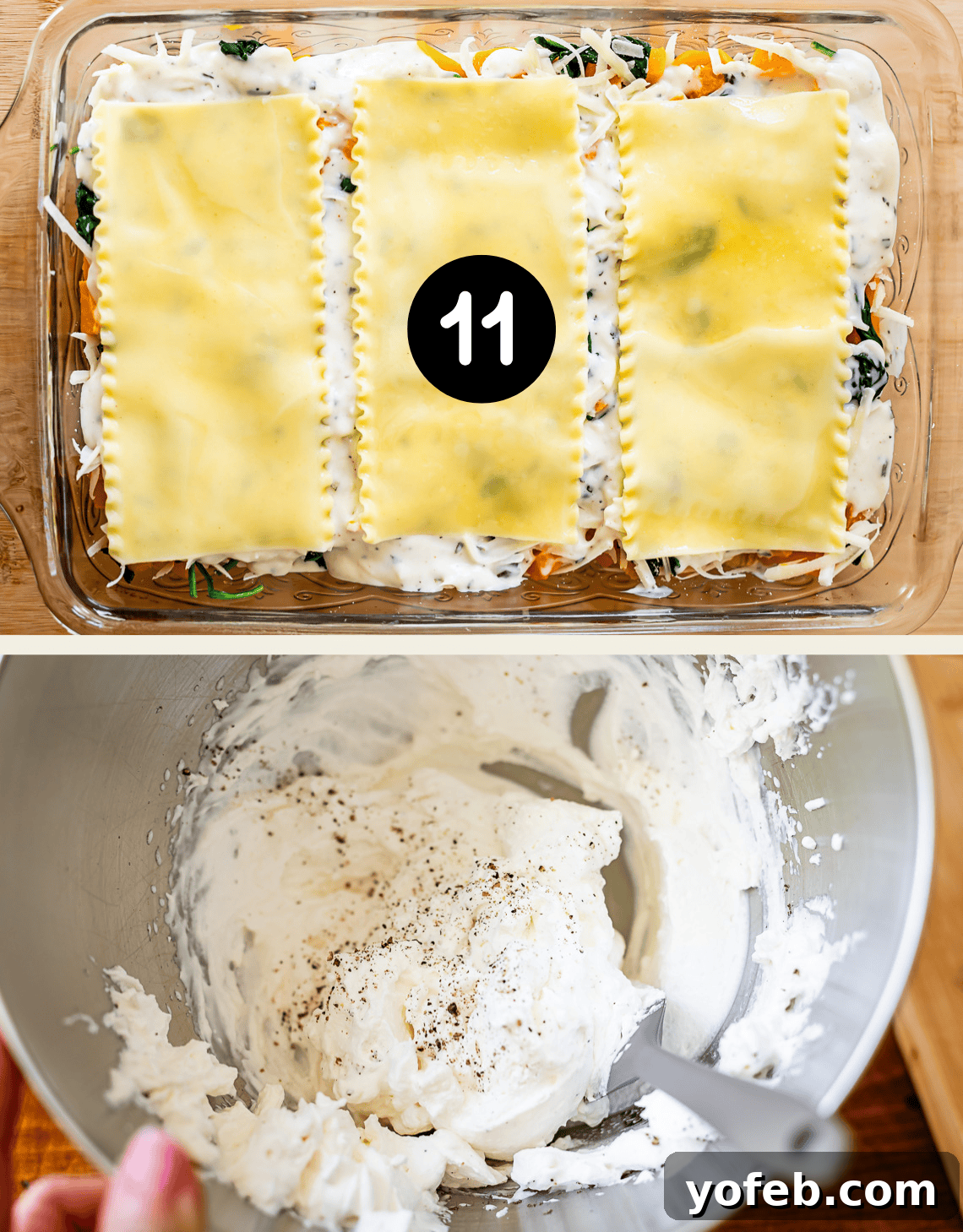Creamy Golden Butternut Lasagna 21 Top: Unbaked lasagna in a glass dish, topped with three lasagna noodles. Bottom: Mixing bowl with ricotta cheese mixture and a spatula, sprinkled with pepper.