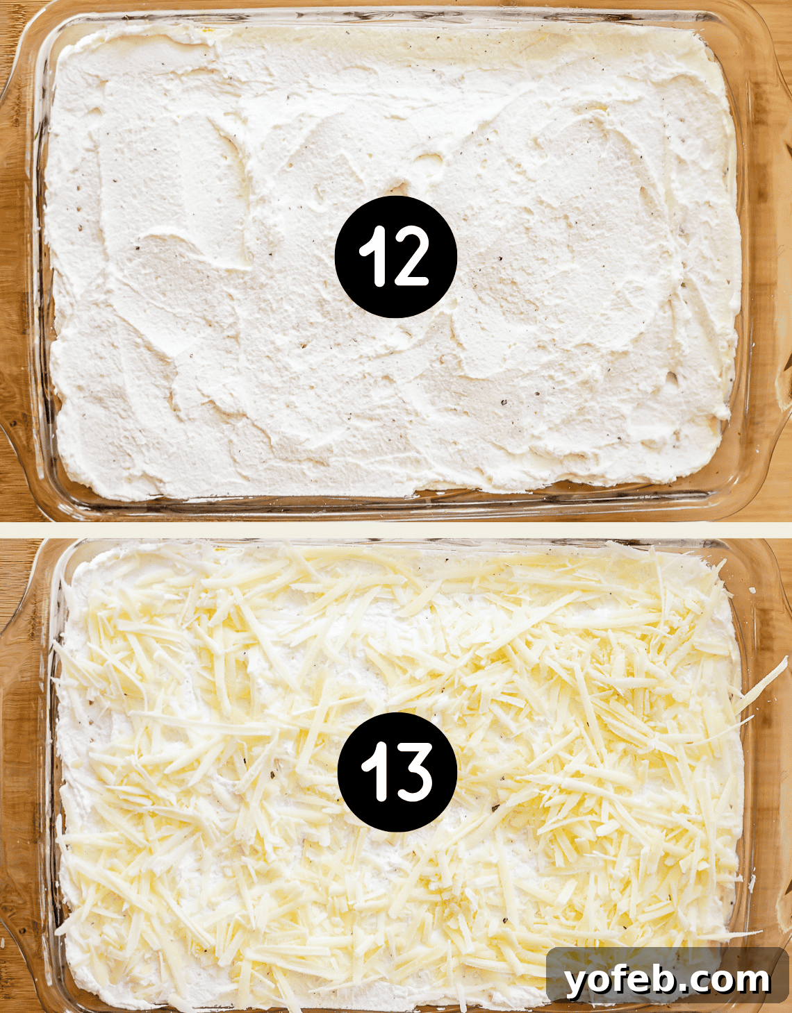 Creamy Golden Butternut Lasagna 23 Two glass baking dishes are shown. The top dish (labeled 12) has a layer of white ricotta cheese mixture. The bottom dish (labeled 13) has the same dish topped with shredded cheese.
