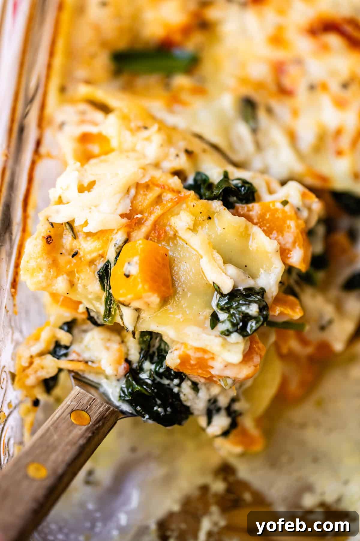 Creamy Golden Butternut Lasagna 26 A close-up of a serving spoon lifting a portion of cheesy baked vegetable lasagna with visible layers of spinach, butternut squash, pasta, and melted cheese from a glass baking dish.