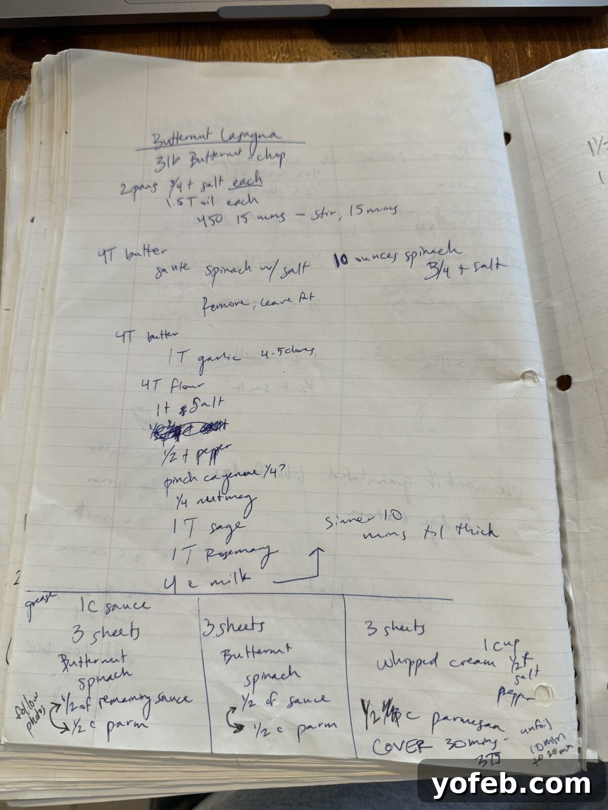 Creamy Golden Butternut Lasagna 32 A handwritten recipe on lined paper for butternut lasagna, listing ingredients and instructions in blue ink, with crossed-out sections, notes, and quantities for butternut, spinach, sauce, and cheese.