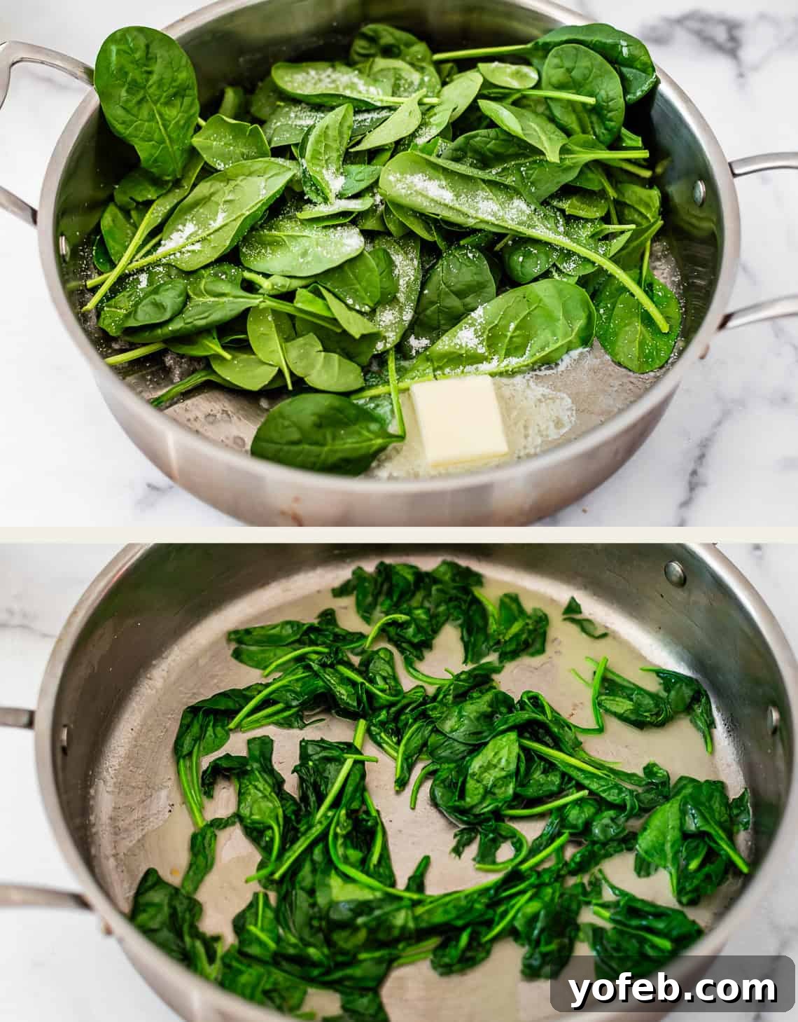Creamy Golden Butternut Lasagna 9 Two-panel image: Top shows fresh spinach leaves, a pat of butter, and salt in a saucepan. Bottom shows the same pan with wilted, cooked spinach.