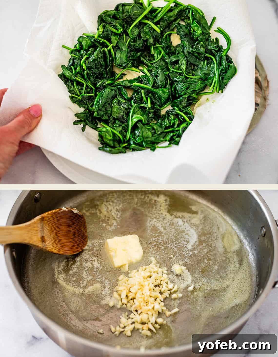 Creamy Golden Butternut Lasagna 10 Top: Hand pressing cooked spinach and garlic in a paper towel to remove moisture. Bottom: Butter and chopped garlic melting in a large pan, stirred with a wooden spoon.