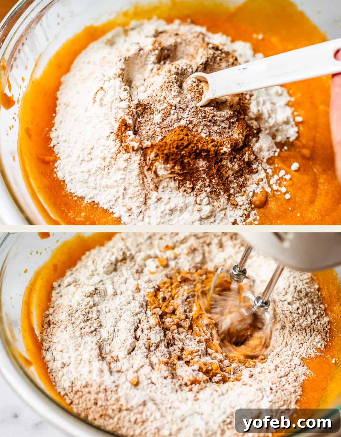 Autumn Spiced Pumpkin Sheet Cake with Maple Cream Cheese Frosting 11 Two images: a bowl of flour and spices being added to a pumpkin-colored batter with a white spoon, and the same mixture being blended with a hand mixer, showcasing the incorporation of dry and wet ingredients.