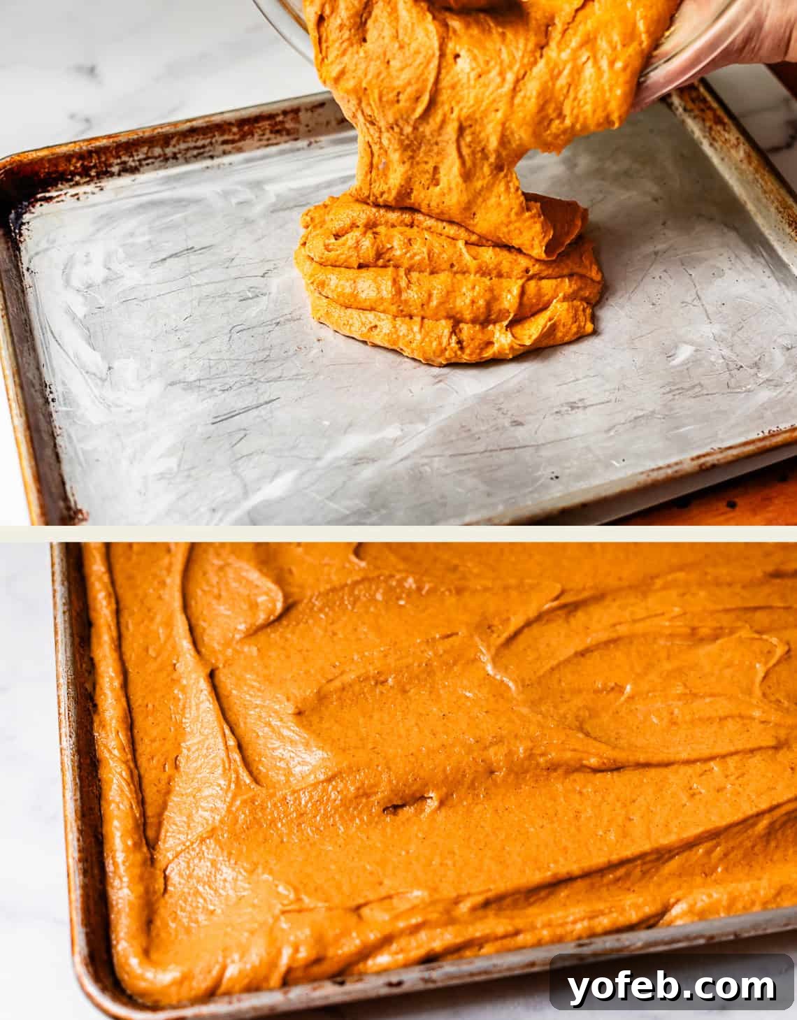 Autumn Spiced Pumpkin Sheet Cake with Maple Cream Cheese Frosting 13 Top: Thick orange batter is being poured onto a greased baking sheet. Bottom: The batter is evenly spread across the entire baking sheet, ready for baking, showcasing the perfect distribution for a sheet cake.