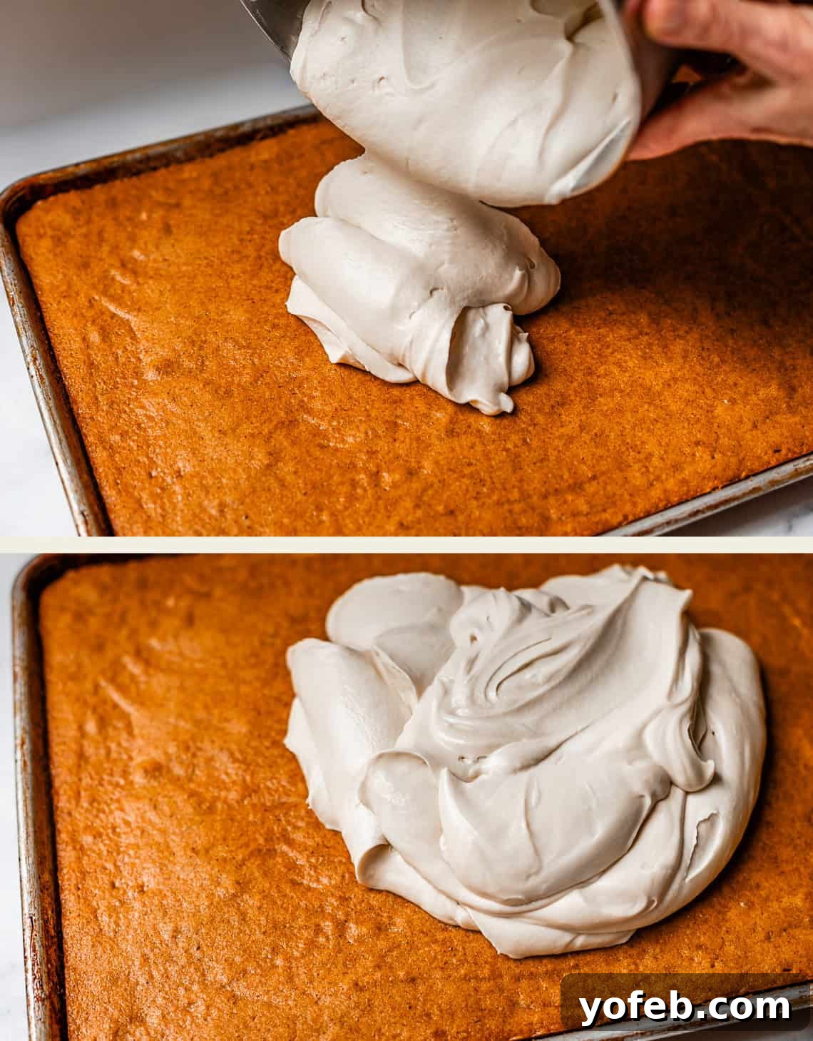 Autumn Spiced Pumpkin Sheet Cake with Maple Cream Cheese Frosting 17 Two images of a large sheet cake: in the first, frosting is being spread onto the cake; in the second, a close-up shows a generous dollop of swirled frosting on top, ready to be spread, illustrating the frosting process.