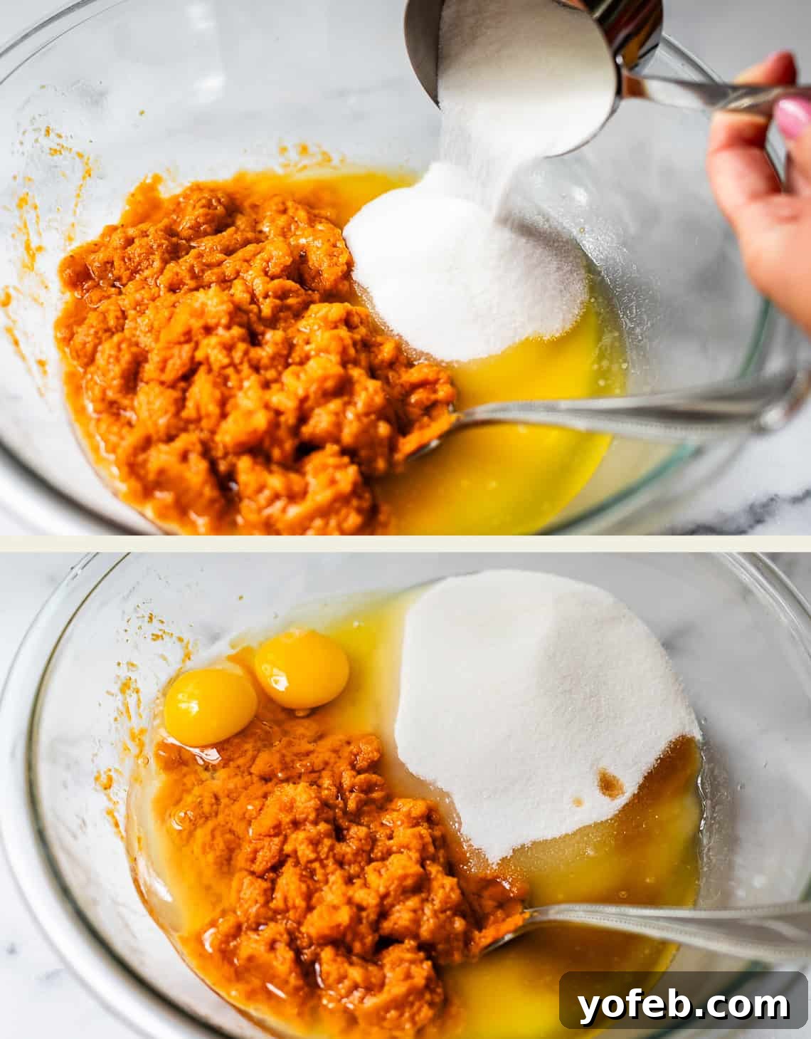 Autumn Spiced Pumpkin Sheet Cake with Maple Cream Cheese Frosting 8 Two photos show a glass bowl with ingredients for baking: pumpkin puree, melted butter, and sugar, with a hand pouring sugar in the top image; eggs are added in the bottom image, and two metal spoons rest in the bowl, illustrating the initial mixing steps.