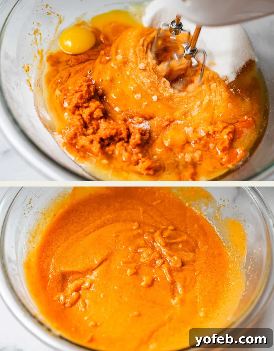 Autumn Spiced Pumpkin Sheet Cake with Maple Cream Cheese Frosting 9 Two images: Top—ingredients including pumpkin puree, egg, sugar, and oil being mixed by a hand mixer in a glass bowl. Bottom—smooth, blended orange batter in the bowl on a white surface, demonstrating the consistency after mixing wet ingredients.