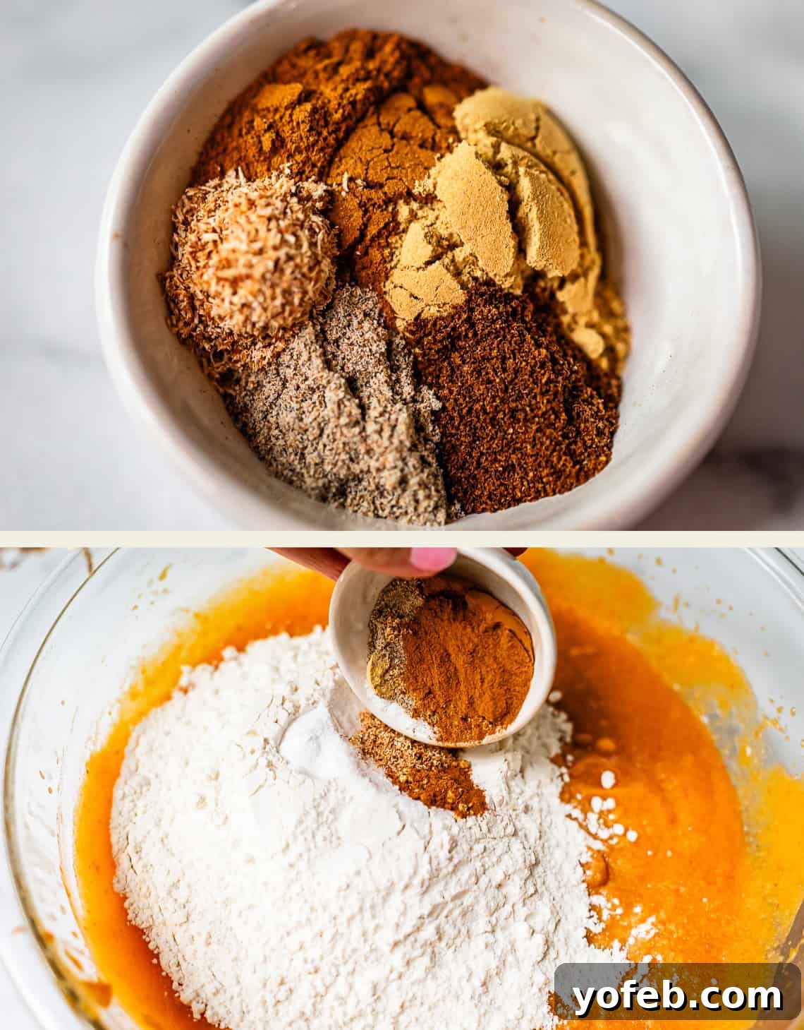 Autumn Spiced Pumpkin Sheet Cake with Maple Cream Cheese Frosting 10 Top: White bowl with piles of ground spices and brown sugar. Bottom: Hand adding spices from a small bowl to a large bowl of flour and orange batter, illustrating the precise addition of dry ingredients.
