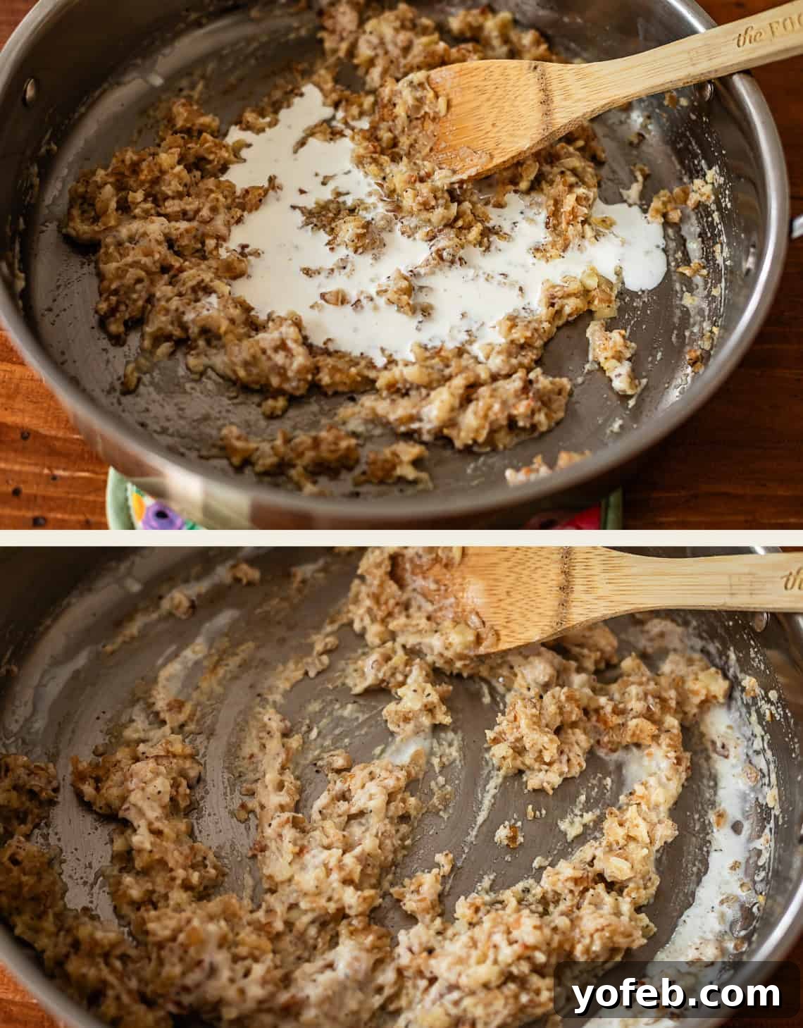 Two images: Top, cooked ground sausage is stirred in a skillet with a wooden spoon. Bottom, milk is being poured from a measuring cup into the skillet with the sausage mixture.