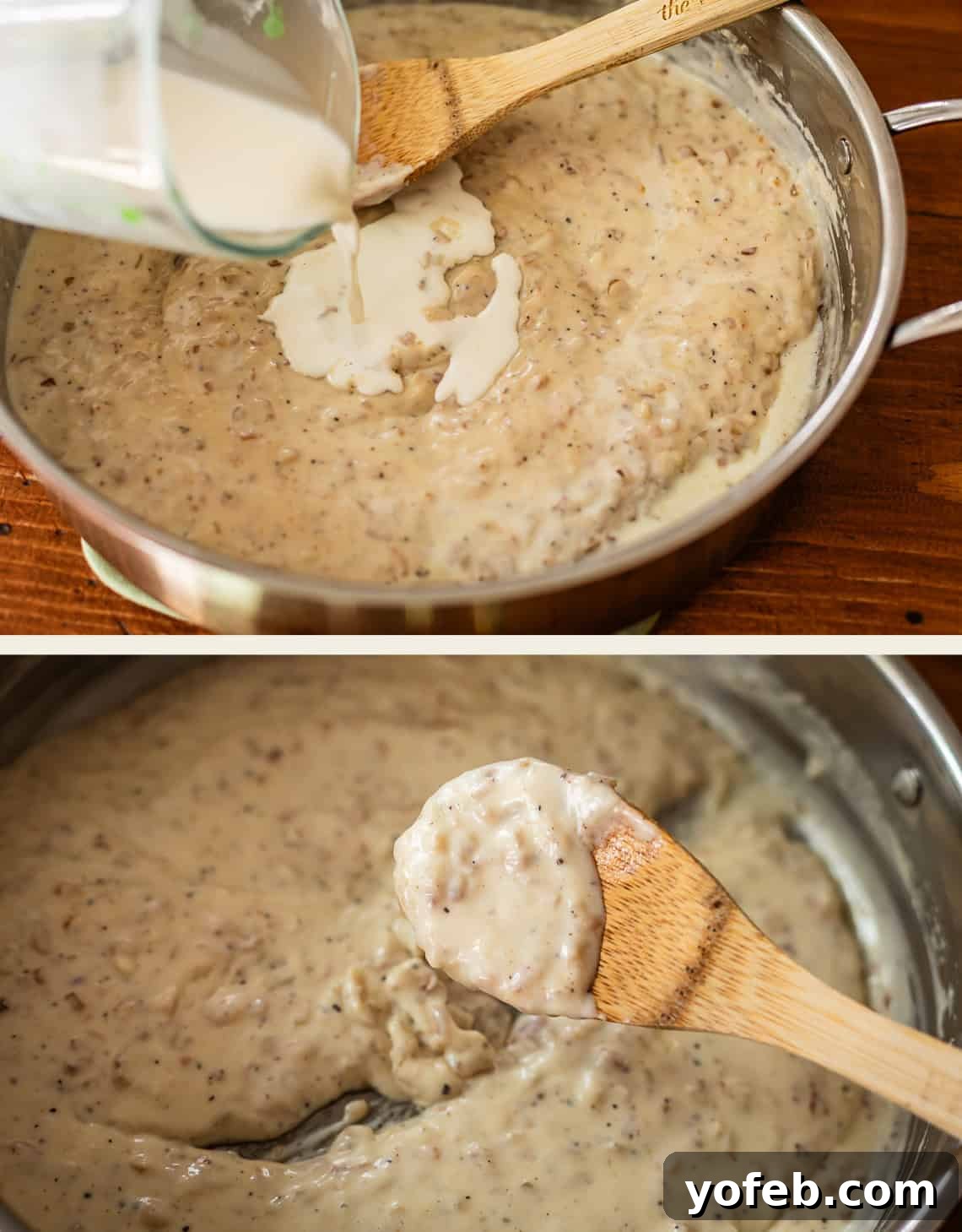 Two images of a metal skillet with a wooden spoon stirring a mixture. The top image shows cream being added to the mixture, while the bottom image shows the mixture after it has been stirred together.