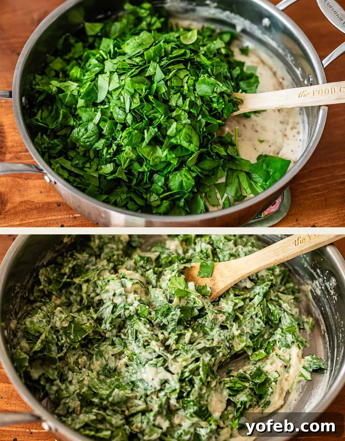 Two images: The top shows a pan with chopped spinach on a creamy sauce, and a wooden spoon. The bottom shows the spinach stirred into the creamy mixture, creating a thick, green spinach dip.