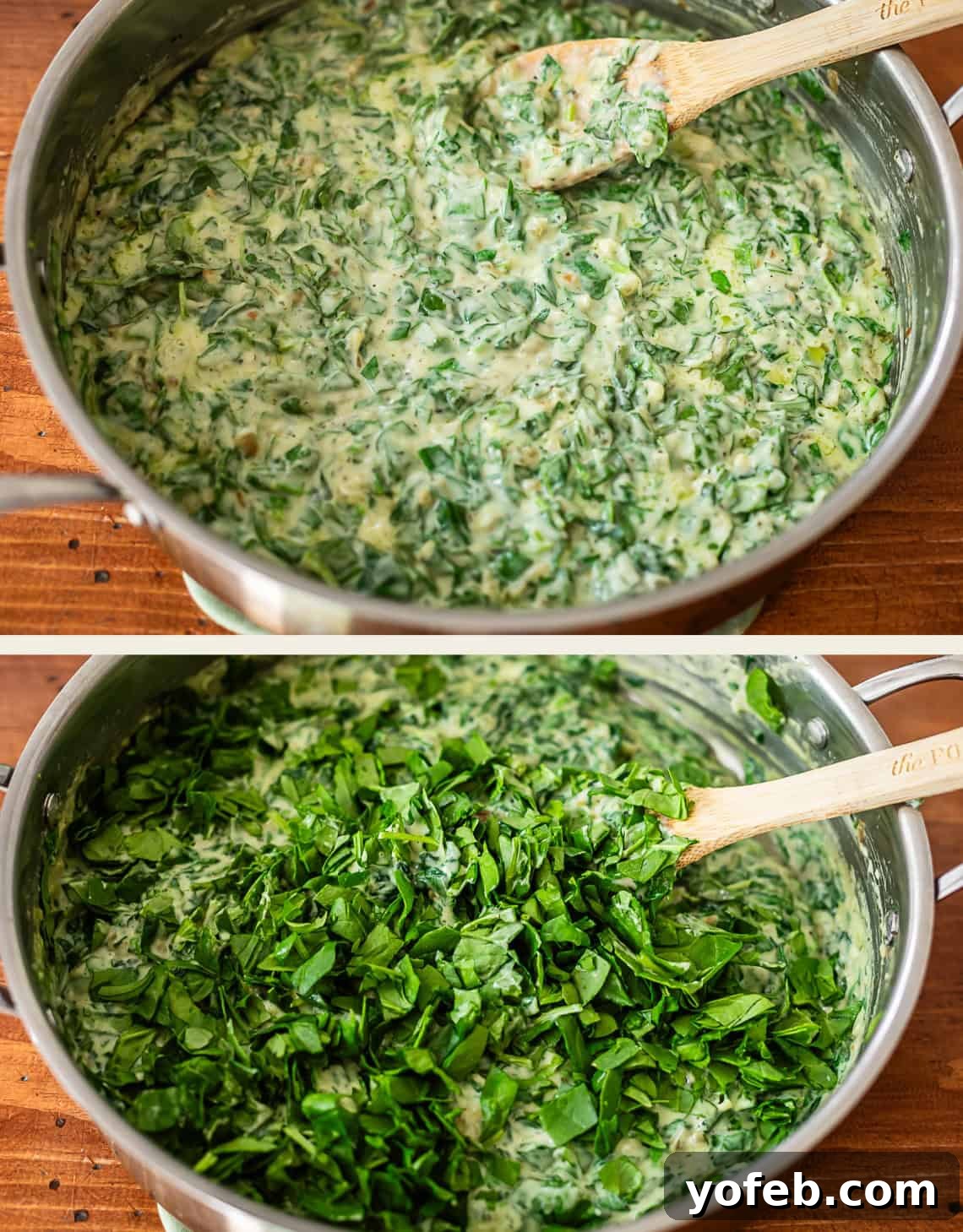 Two images show a pot of creamy spinach mixture being stirred with a wooden spoon. The top image shows the mixture fully stirred, while the bottom shows a pile of fresh chopped spinach being added.
