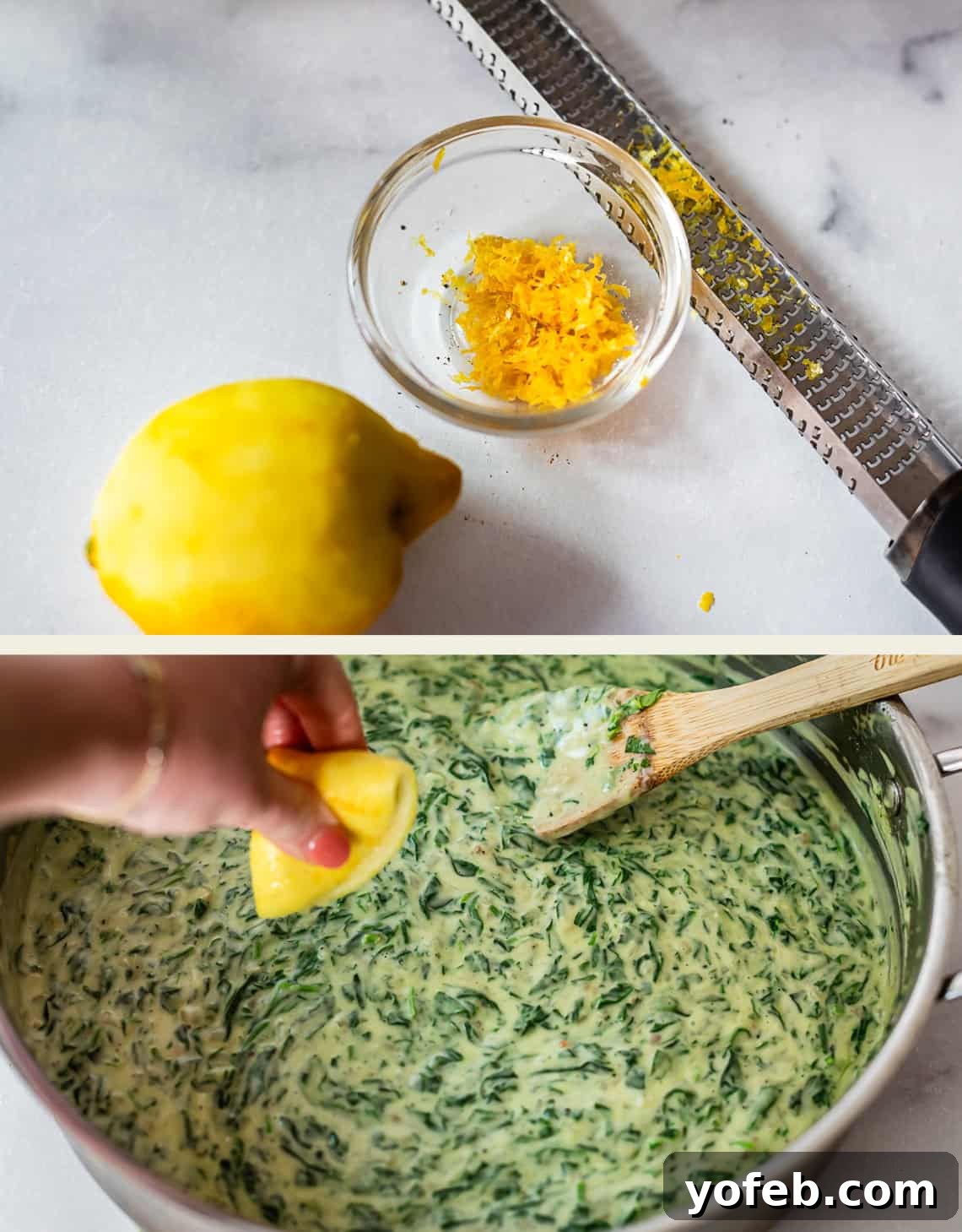 A small bowl of lemon zest, a lemon, and a zester sit on a countertop. Below, a hand squeezes a lemon over a pot of creamy spinach, stirring with a wooden spoon.