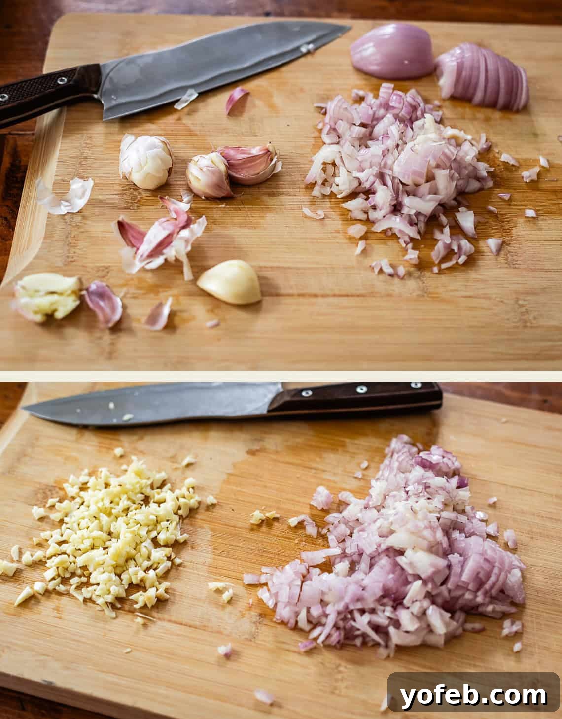 Two photos of a wooden cutting board with a knife. One shows unpeeled and chopped garlic and shallots; the other shows finely chopped garlic and shallots in separate piles.