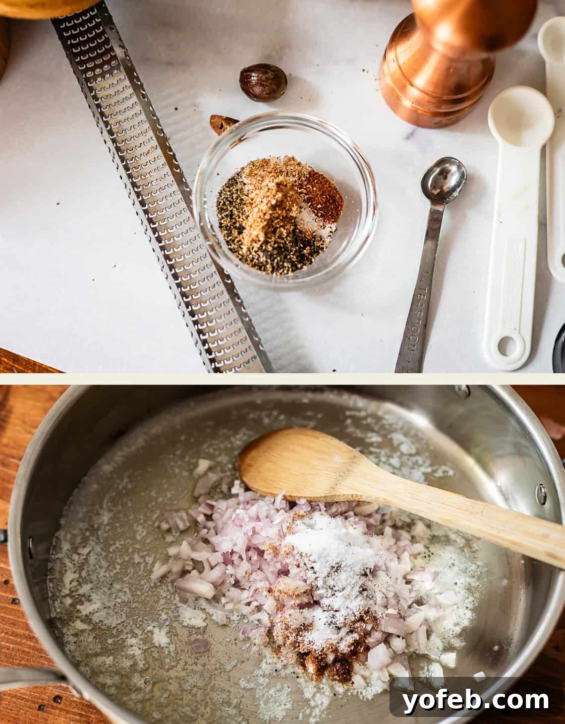 A small bowl of spices and measuring spoons on a counter, and a saucepan with melting butter, chopped onions, and spices being stirred with a wooden spoon.