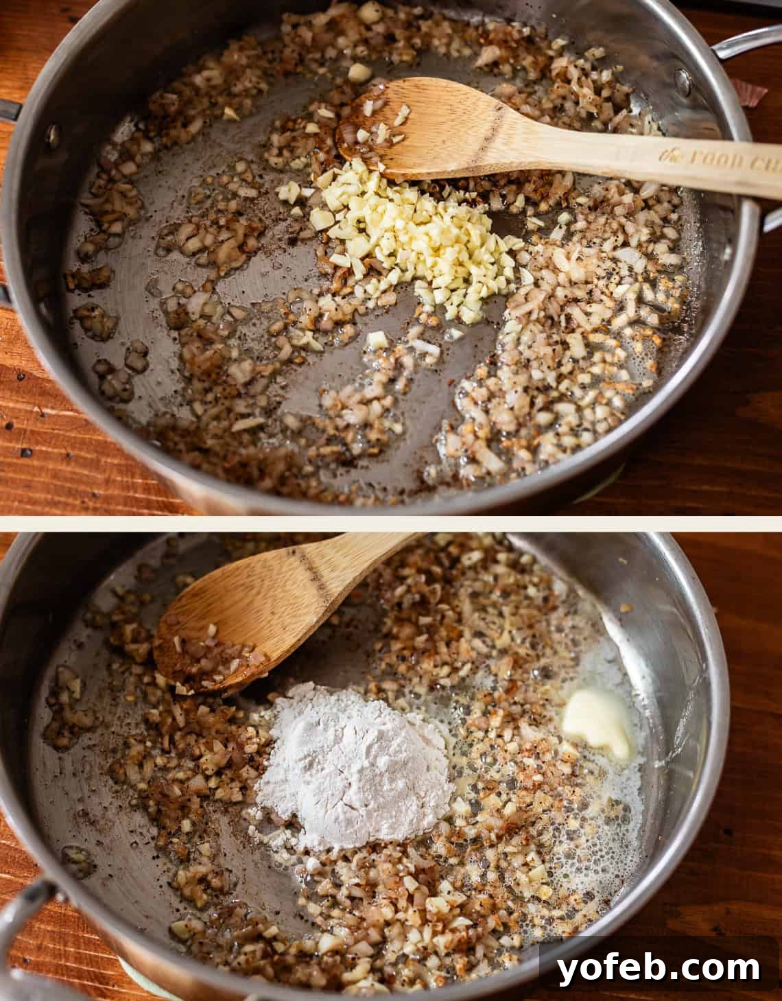 Two images: The top shows chopped onions and minced garlic being sautéed in a pan with a wooden spoon. The bottom shows the same mixture with flour and a small piece of butter added to the pan.