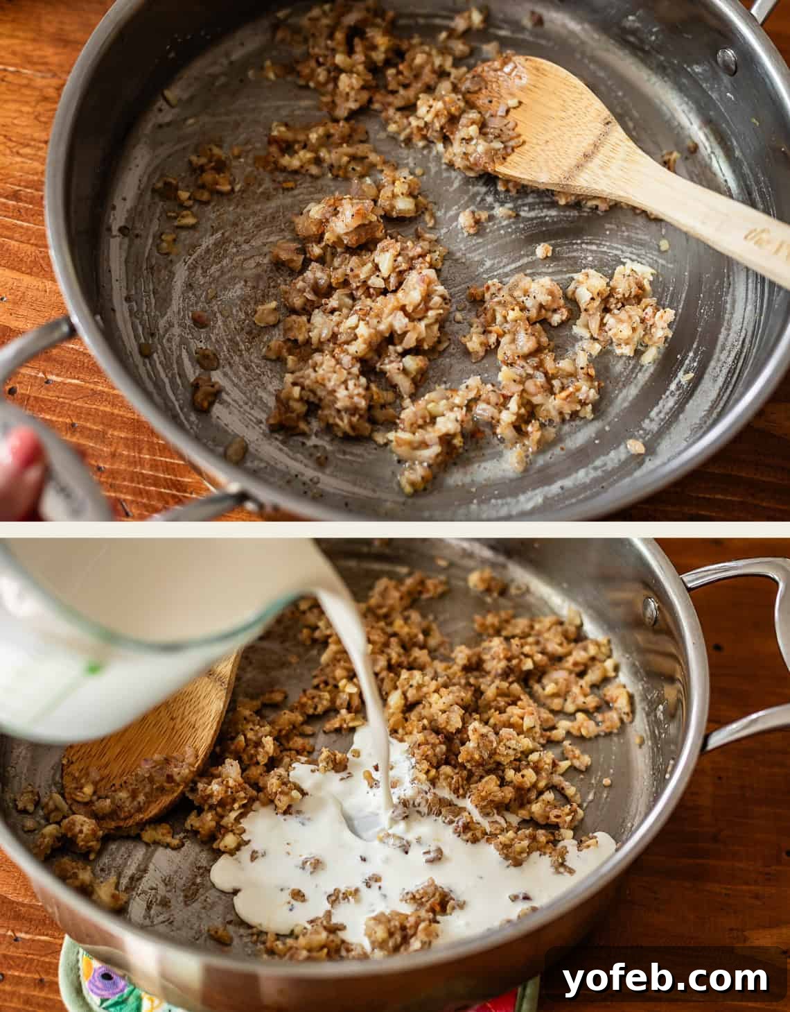 Two images: Top, cooked ground sausage is stirred in a skillet with a wooden spoon. Bottom, milk is being poured from a measuring cup into the skillet with the sausage mixture.