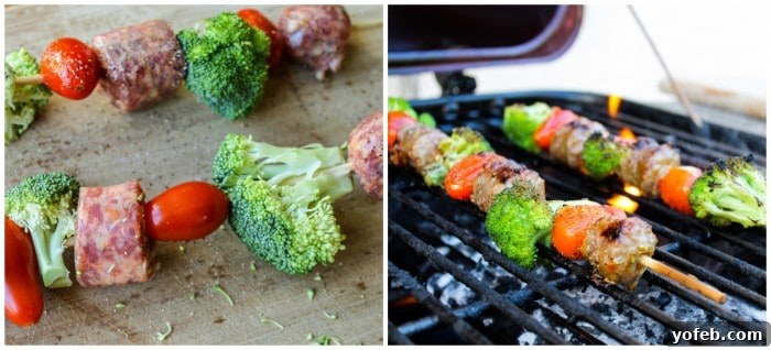 Quick Sausage & Broccoli Skewers with Zesty White Bean Salad 10 Hand threading ingredients onto wooden skewers for sausage and broccoli kebabs