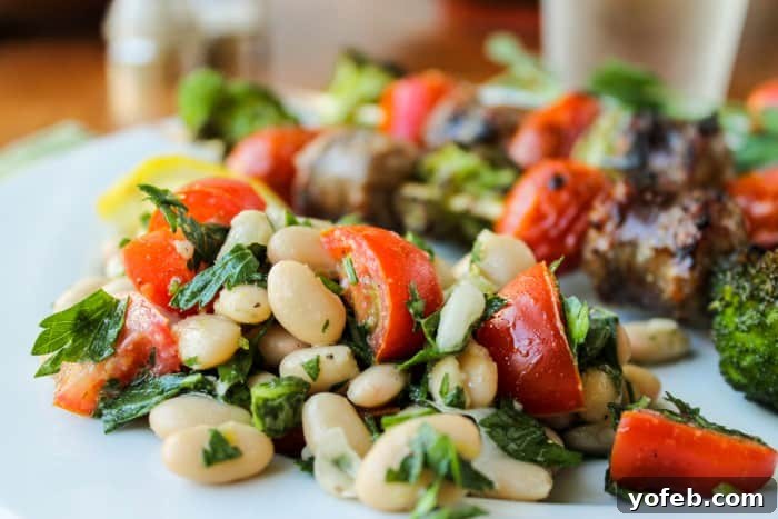 Quick Sausage & Broccoli Skewers with Zesty White Bean Salad 4 Ingredients for Sausage and Broccoli Kebabs with White Bean Salad