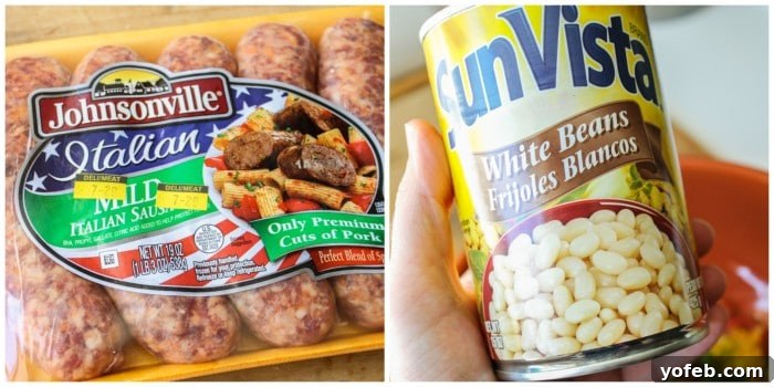 Close-up of raw sausage and white beans, ready for preparation