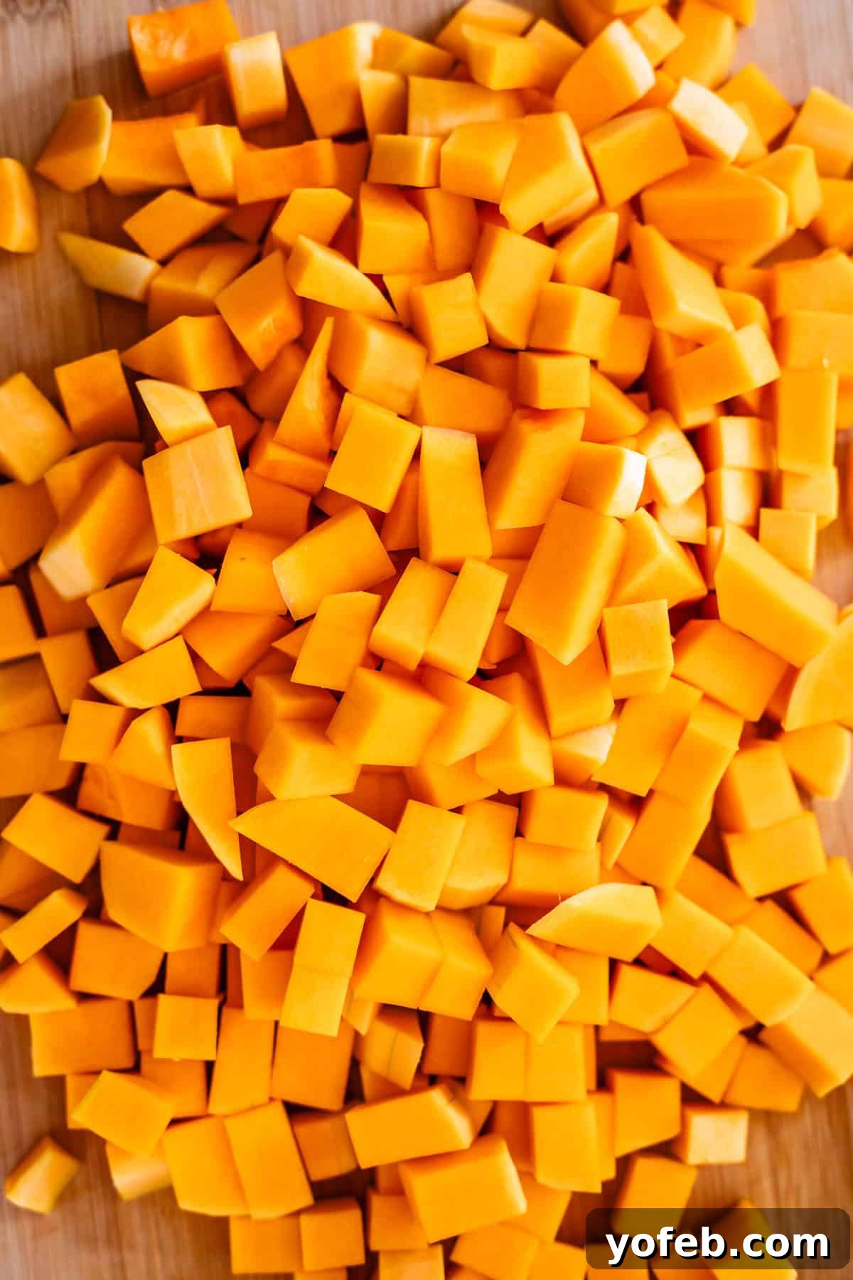 Conquer Butternut Squash: A Simple Guide to Safe Slicing 2 A generous pile of freshly, uniformly diced bright orange butternut squash pieces spread out on a warm wooden cutting board, ready for cooking.