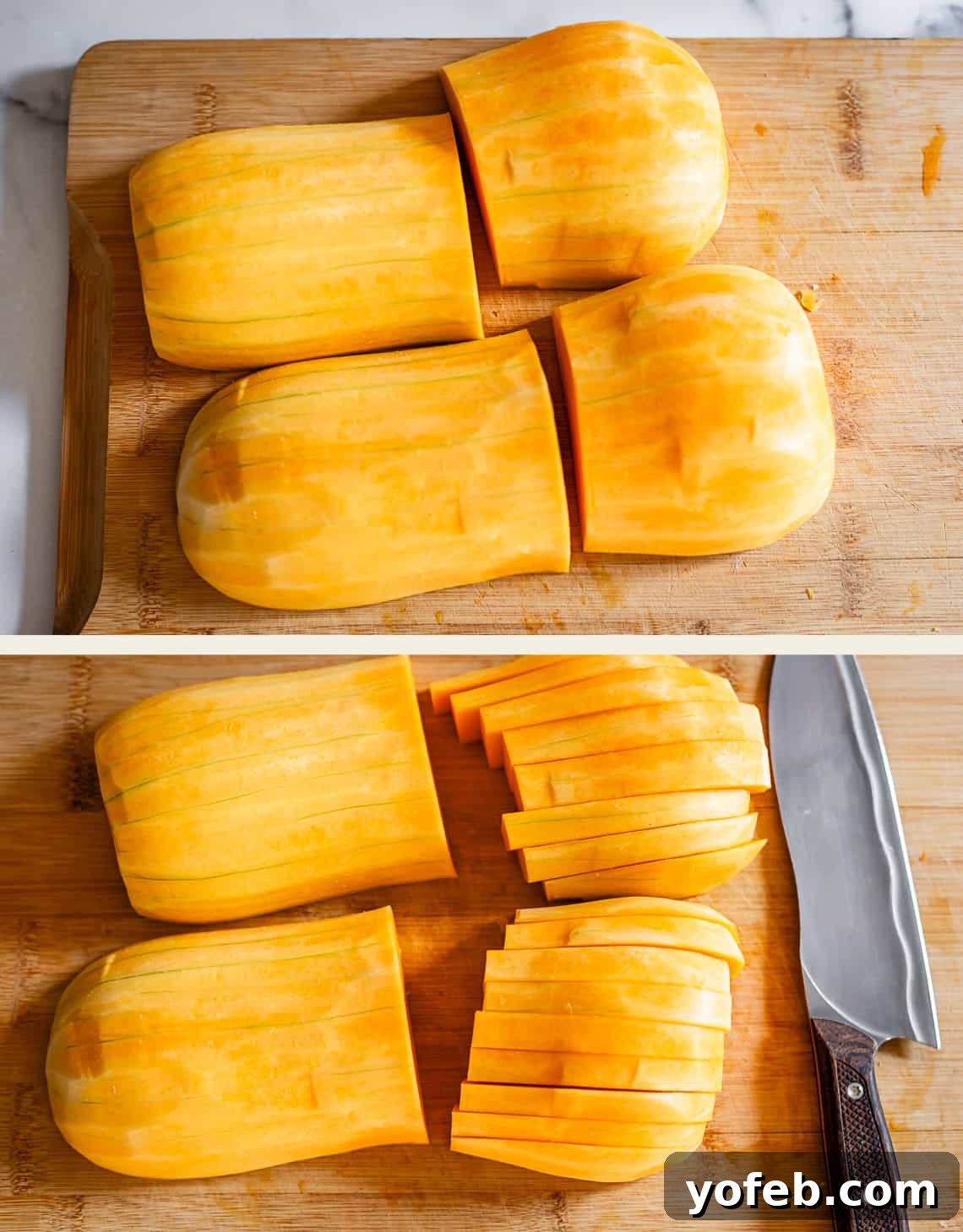 Conquer Butternut Squash: A Simple Guide to Safe Slicing 11 The top image displays a butternut squash, already halved and quartered, resting on a wooden board. The bottom image shows one of these quarters being expertly sliced into uniform pieces with a large knife, indicating the progression to dicing.