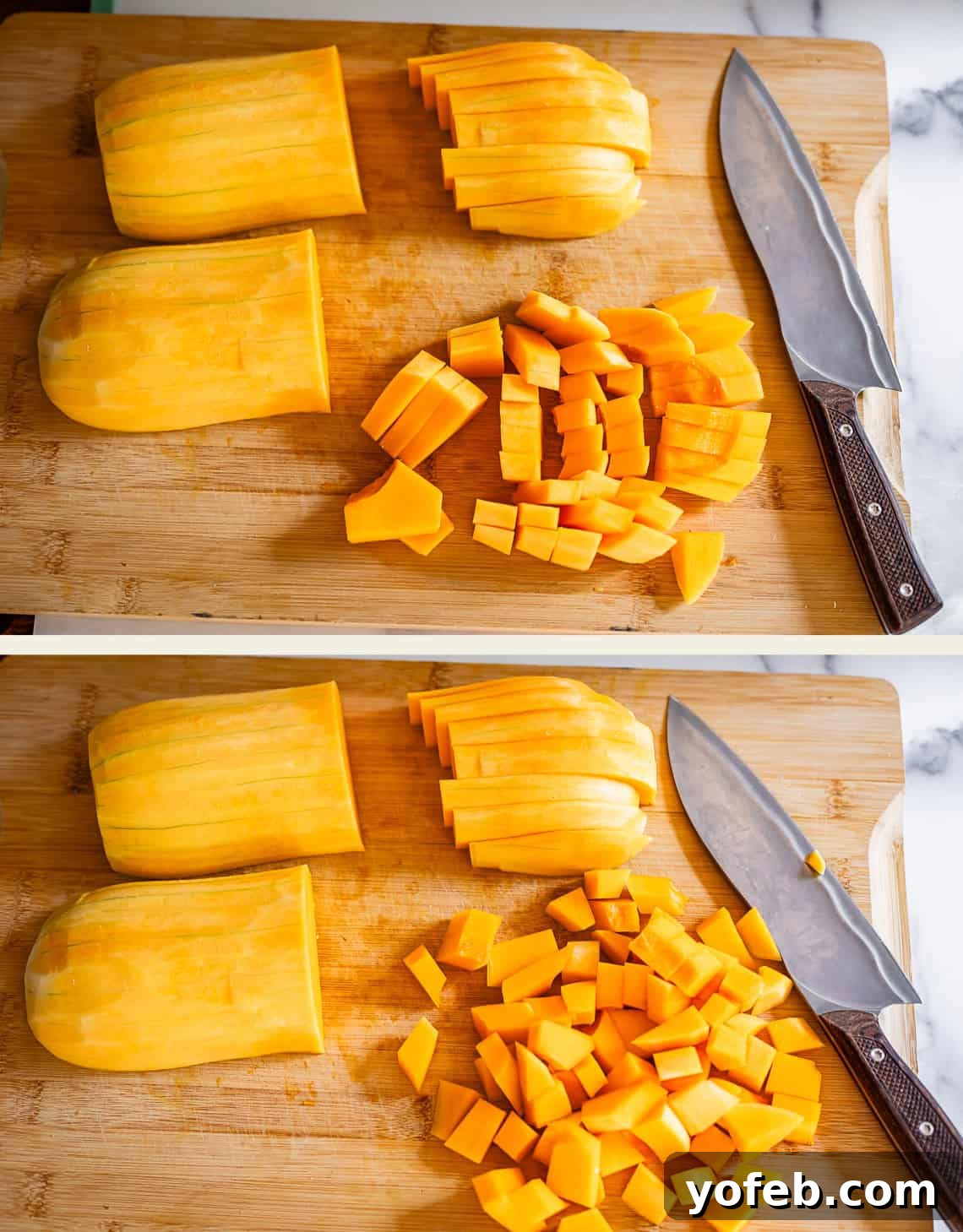 Conquer Butternut Squash: A Simple Guide to Safe Slicing 12 Two images depicting the dicing process of butternut squash on a wooden cutting board. The top image shows fewer diced squash pieces, with more of the squash still in larger chunks. The bottom image shows a more advanced stage, with a larger quantity of uniformly diced squash cubes, a knife, and the remaining squash pieces to be chopped.