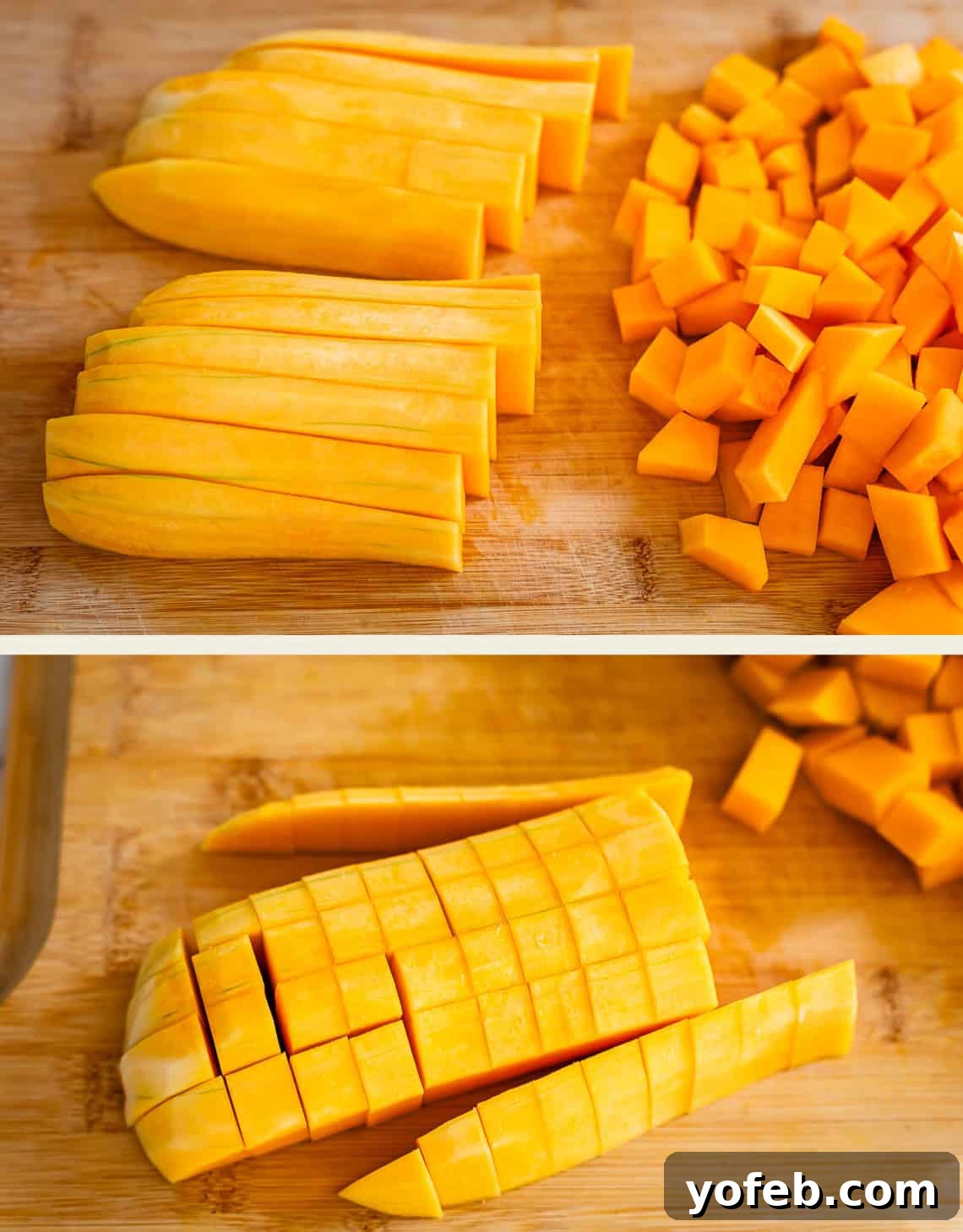 Conquer Butternut Squash: A Simple Guide to Safe Slicing 13 The top image shows a peeled butternut squash that has been expertly sliced and diced into small, uniform cubes, ready for cooking. The bottom image illustrates the previous step, with the squash sliced lengthwise and crosswise, forming a grid pattern, indicating it's prepared for the final cubing.