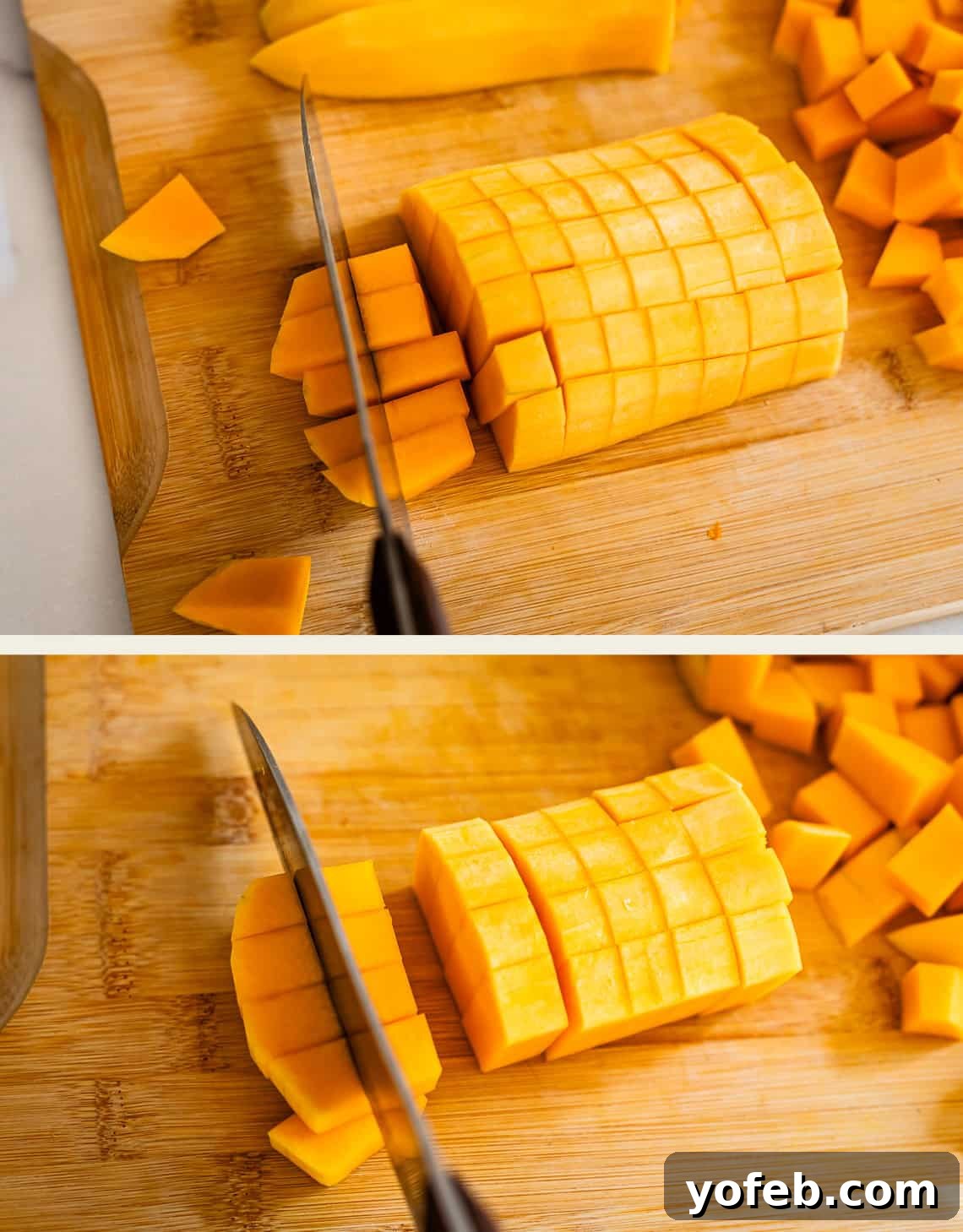 Conquer Butternut Squash: A Simple Guide to Safe Slicing 14 Two photos showing a mango being sliced and diced on a wooden cutting board. A knife is cutting through the cubed mango in both images, with diced mango pieces scattered nearby.