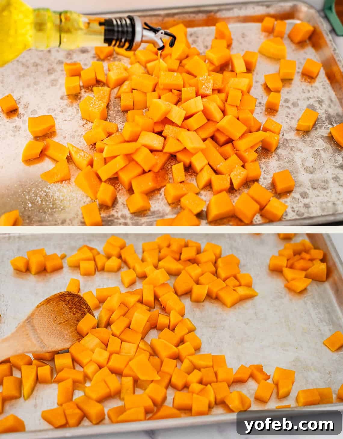 Conquer Butternut Squash: A Simple Guide to Safe Slicing 17 Top image shows olive oil being generously drizzled over diced butternut squash on a baking sheet. Bottom image shows the diced squash spread evenly across the baking sheet, with a wooden spoon nearby, indicating it’s ready for roasting.
