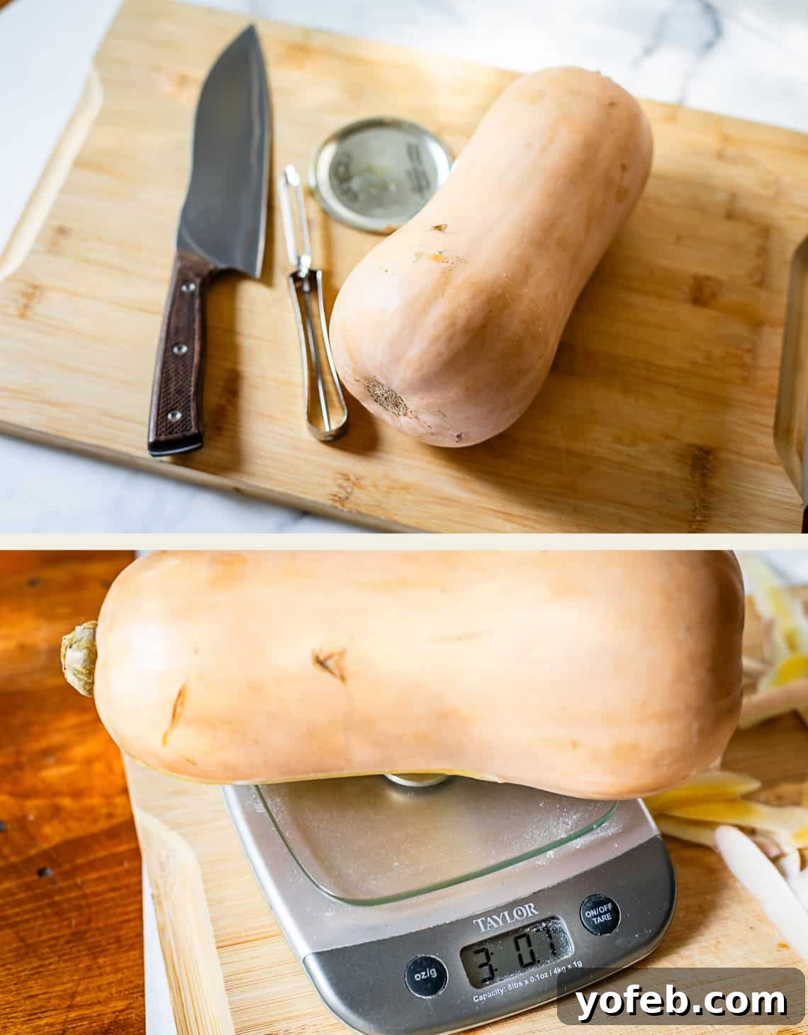 Conquer Butternut Squash: A Simple Guide to Safe Slicing 5 Top image displays a whole butternut squash, a knife, and a peeler arranged on a wooden cutting board, ready for preparation. Bottom image shows the same butternut squash placed on a digital kitchen scale, accurately displaying a weight of 3.70 pounds, emphasizing its size.