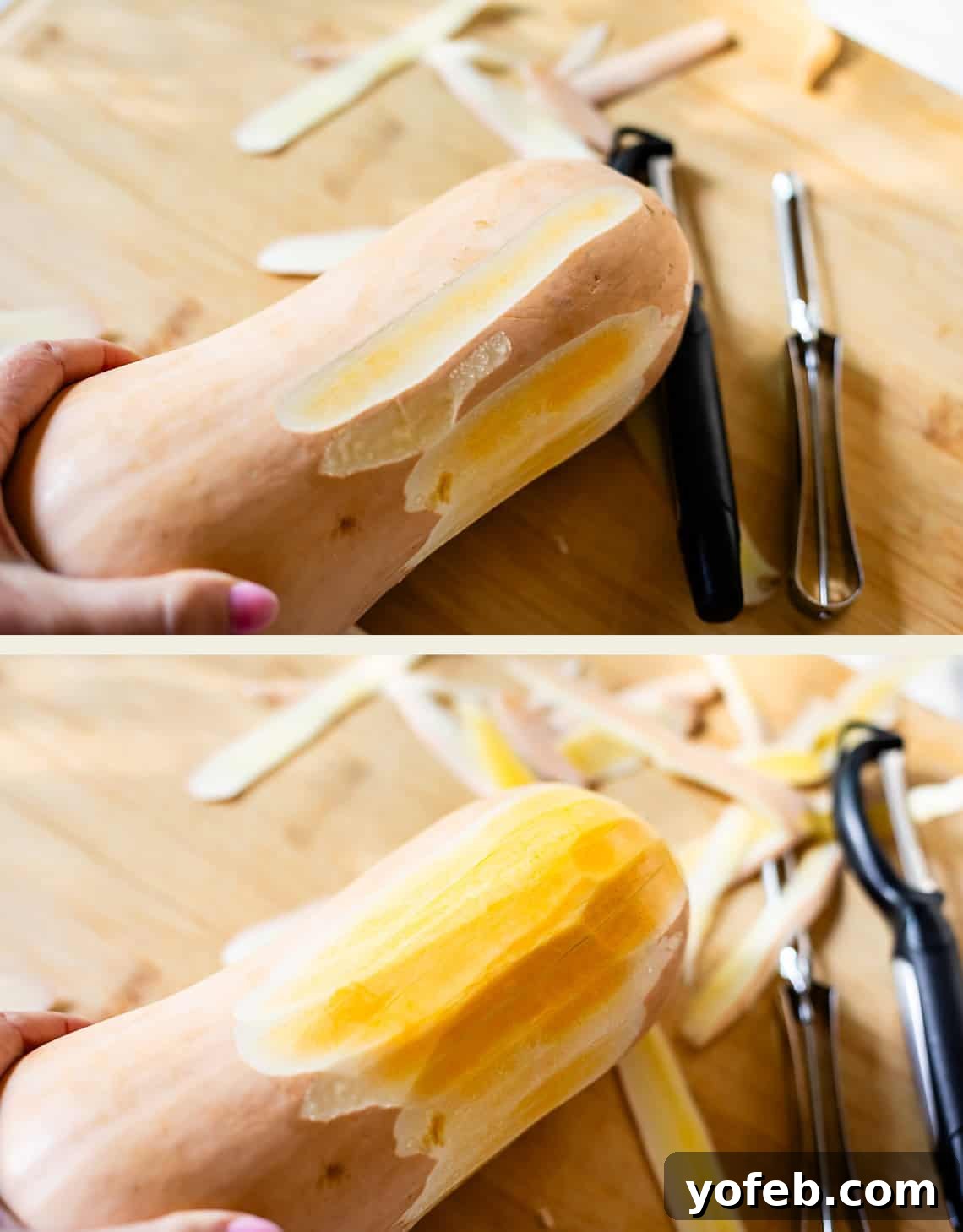 Conquer Butternut Squash: A Simple Guide to Safe Slicing 6 Two sequential photos illustrate the peeling process of a butternut squash on a wooden surface. The first image shows a hand actively using a vegetable peeler, revealing the initial white layer beneath the skin. The second image shows the squash after several passes, with more of the tough outer rind removed, alongside discarded peels and the peeler.