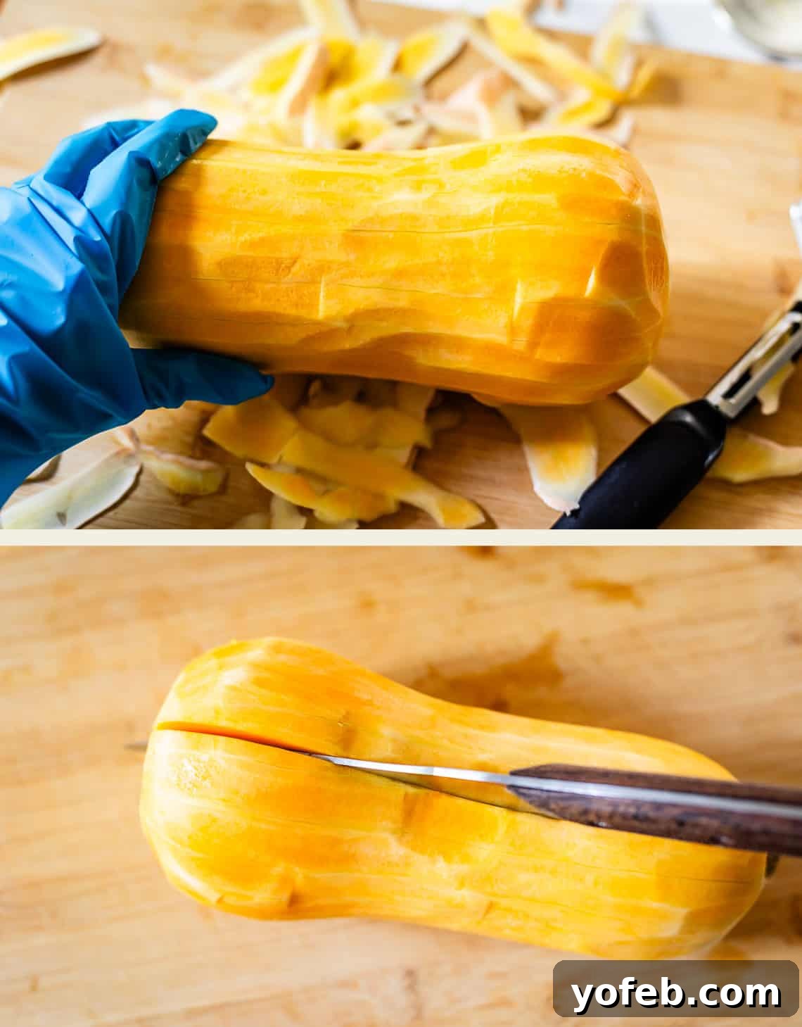 Conquer Butternut Squash: A Simple Guide to Safe Slicing 7 Top image shows a gloved hand holding a fully peeled butternut squash next to a peeler and a pile of peels on a wooden board. The bottom image captures a large knife precisely slicing the peeled squash lengthwise down the center on the same wooden surface, marking the first major cut.