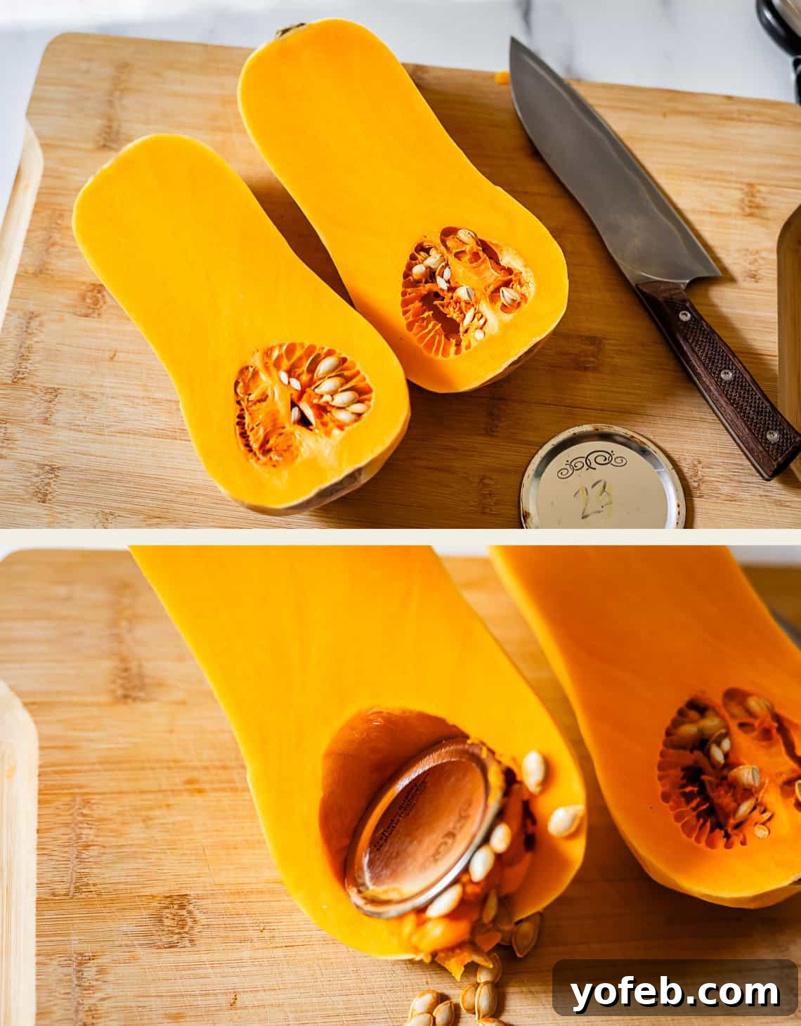 Conquer Butternut Squash: A Simple Guide to Safe Slicing 8 A perfectly halved butternut squash, revealing its seeded cavity, rests on a wooden cutting board next to a chef’s knife, signifying the completion of the initial cut.