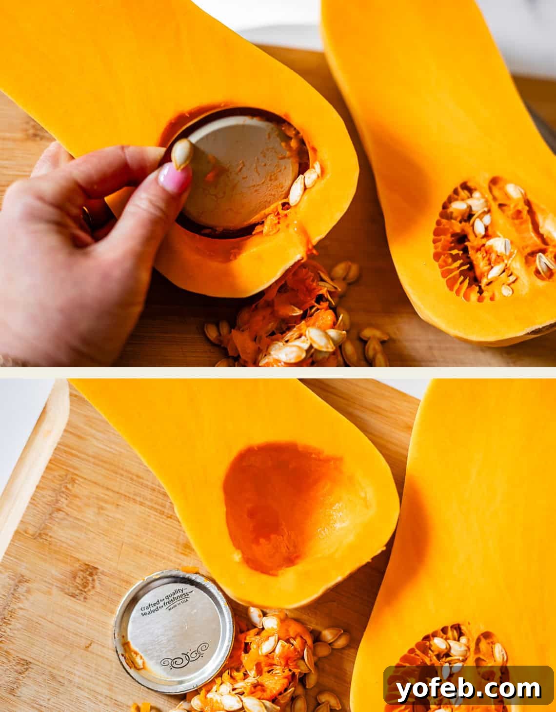 Conquer Butternut Squash: A Simple Guide to Safe Slicing 9 Top image shows a hand using a metal canning lid to efficiently scoop seeds and fibrous material from the cavity of a halved butternut squash on a wooden board. The bottom image displays the same squash with its cavity now clean, resting next to the metal lid, indicating the successful removal of seeds.
