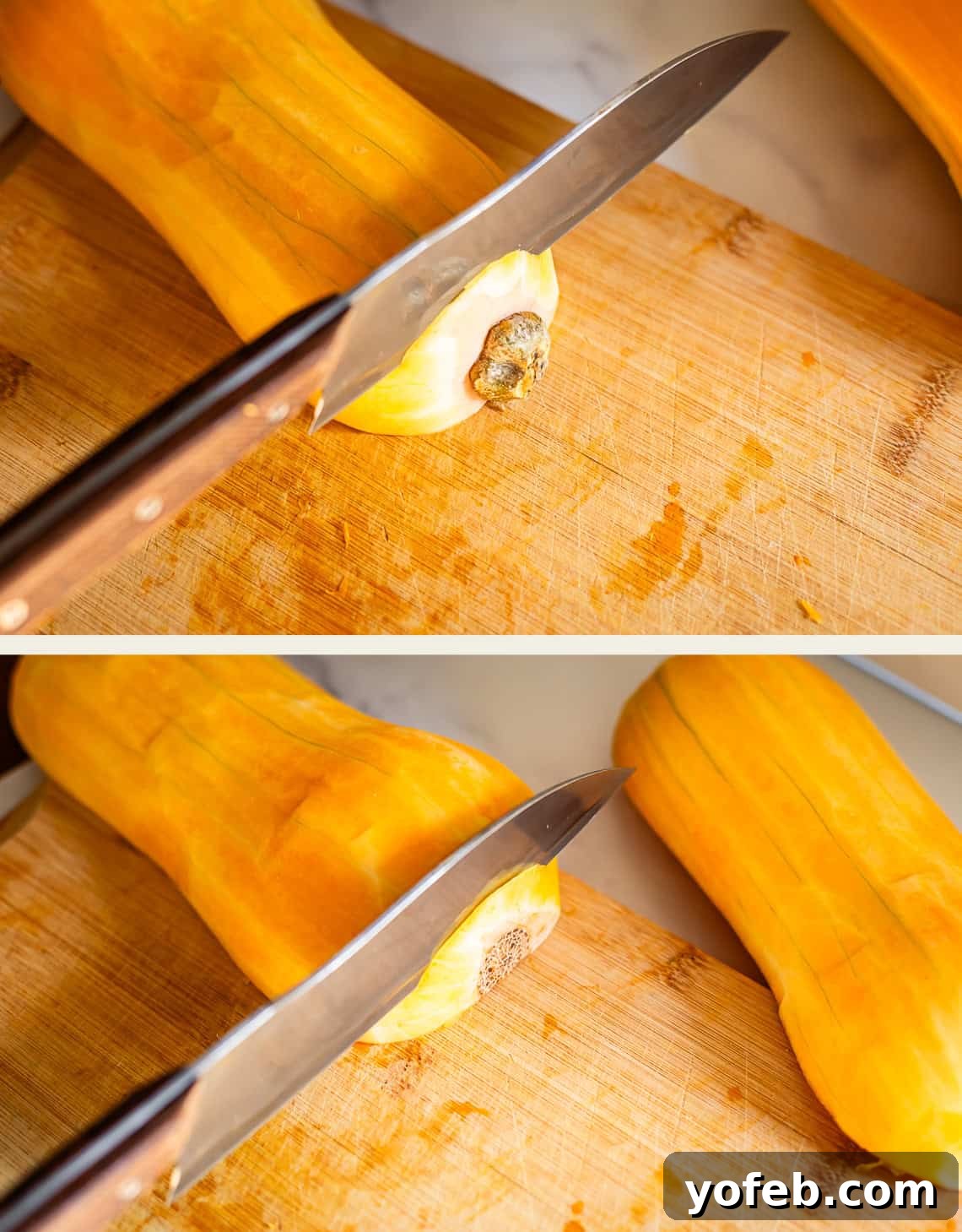 Conquer Butternut Squash: A Simple Guide to Safe Slicing 10 A large chef’s knife is shown slicing through the stem end of a butternut squash on a wooden cutting board. The top image captures the knife positioned for the cut, while the bottom image shows the clean, completed cut, ready for further preparation.