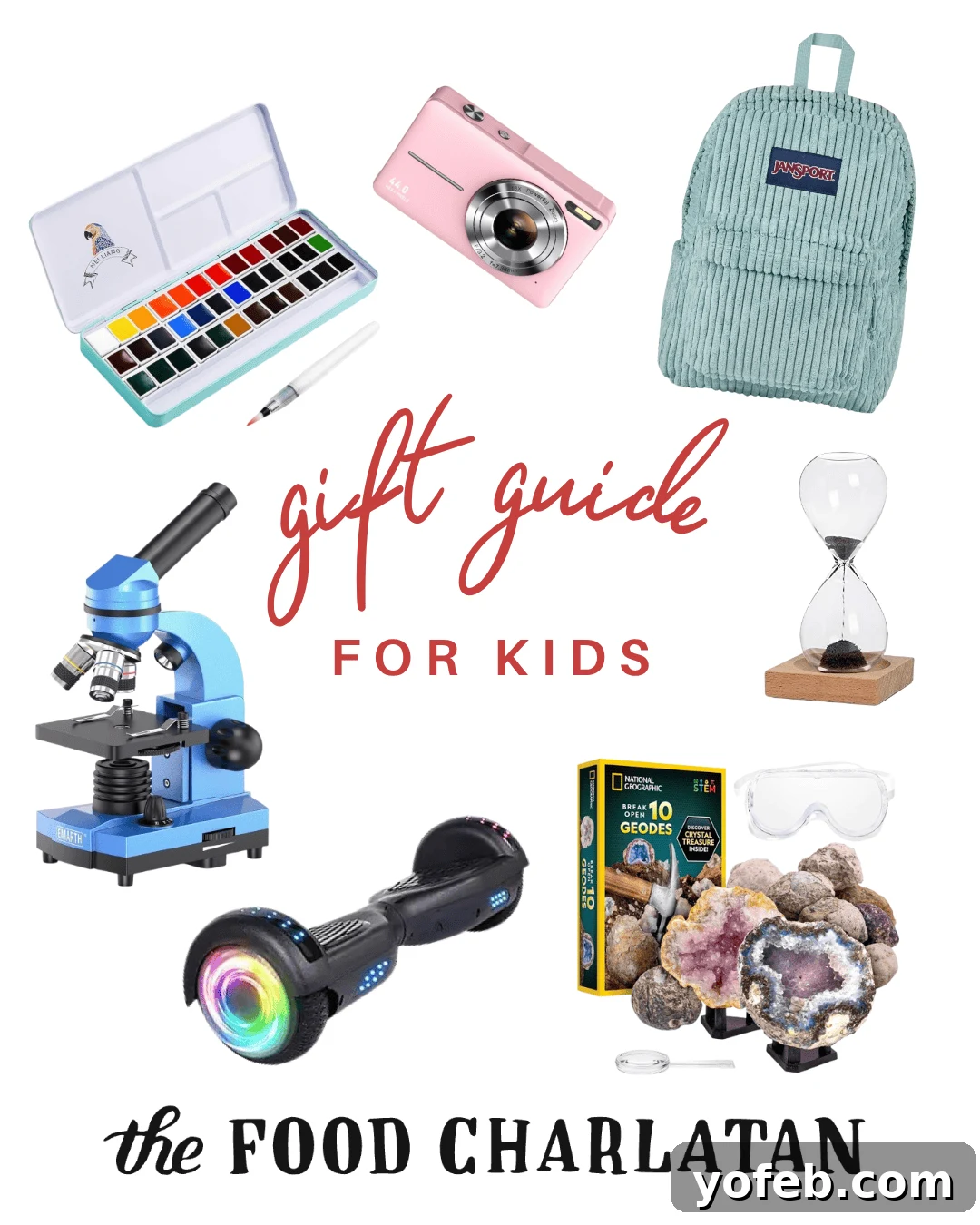 Your 2025 Festive Gift Edit 4 A gift guide for kids featuring a watercolor paint set, pink camera, striped backpack, blue microscope, hoverboard, hourglass, geology kit with crystals and goggles, labeled The Food Charlatan.