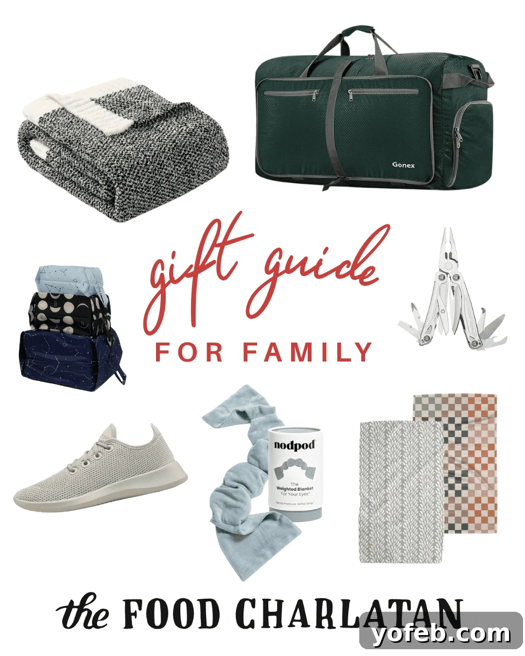 Your 2025 Festive Gift Edit 3 A collage of gift items including a green duffel bag, knit blanket, multi-tool, patterned hand towels, sneakers, a travel toiletry bag, and a neck wrap, with gift guide for family and the Food Charlatan text.