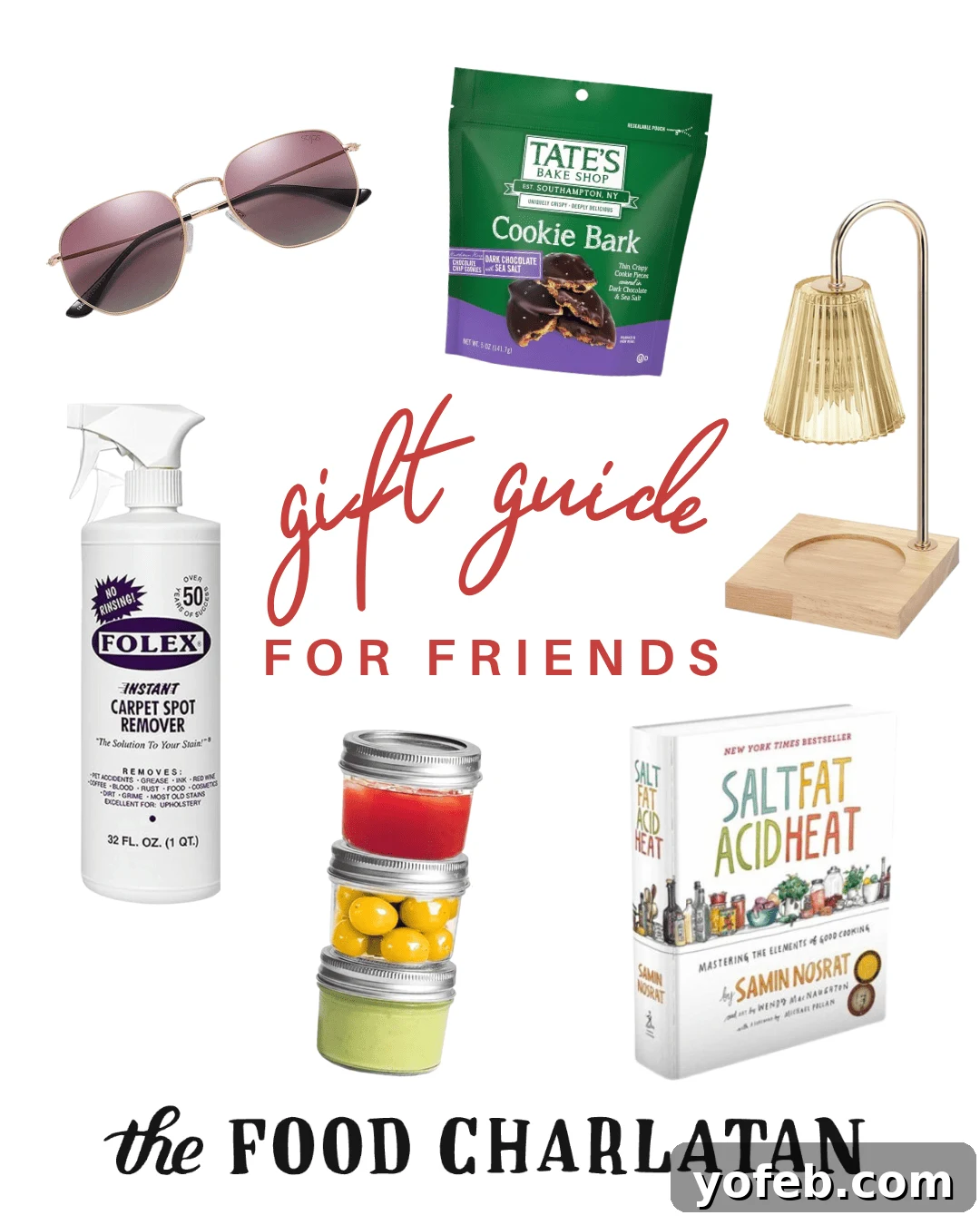 Your 2025 Festive Gift Edit 5 A collage featuring sunglasses, Tates Cookie Bark, a small desk lamp, Folex cleaner, jars of colorful candies, the book Salt Fat Acid Heat, and the text gift guide for friends from The Food Charlatan.