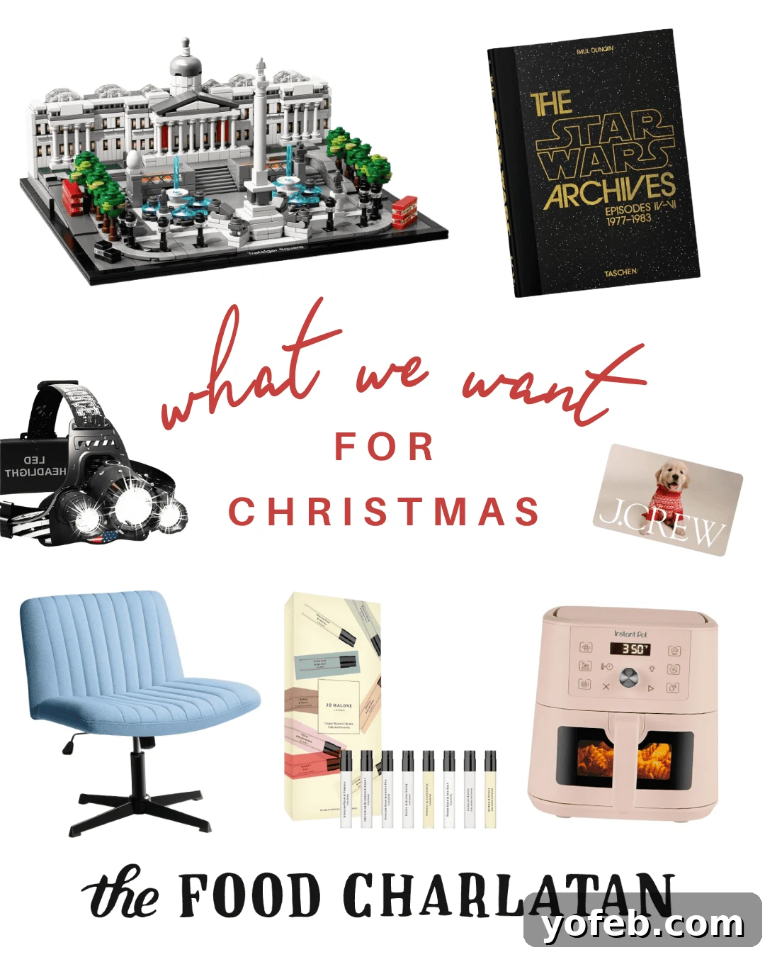 Your 2025 Festive Gift Edit 6 A collage labeled What we want for Christmas with images of a LEGO cityscape, Star Wars book, headlamp, J.Crew gift card, blue chair, perfume set, air fryer, and The Food Charlatan logo.