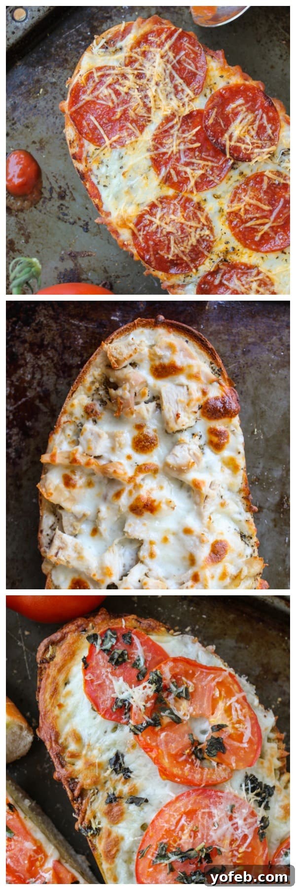 Triple Threat French Bread Pizza 11 Three types of French Bread Pizza arranged together on a baking sheet, showcasing the variety of toppings.