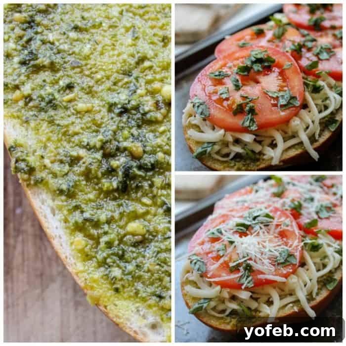 Triple Threat French Bread Pizza 3 A close-up of a vibrant Pesto French Bread Pizza topped with fresh tomatoes and cheese.