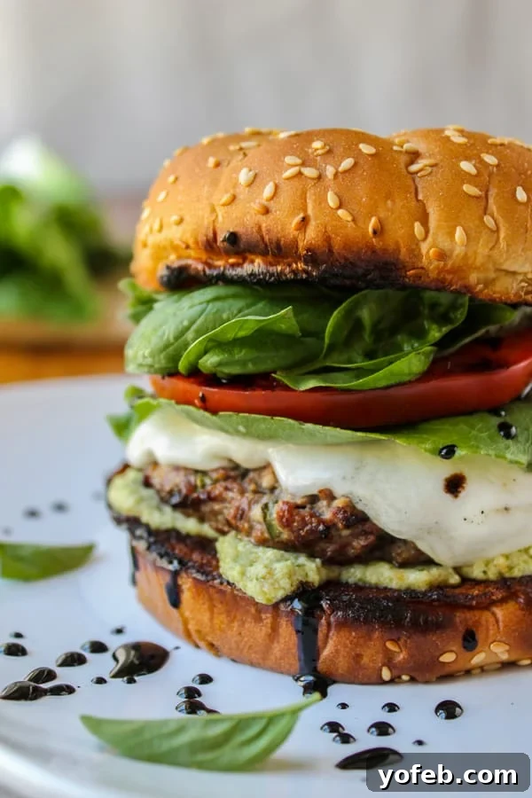 Caprese Burger with Artichoke Pesto Sauce from TheFoodCharlatan.com