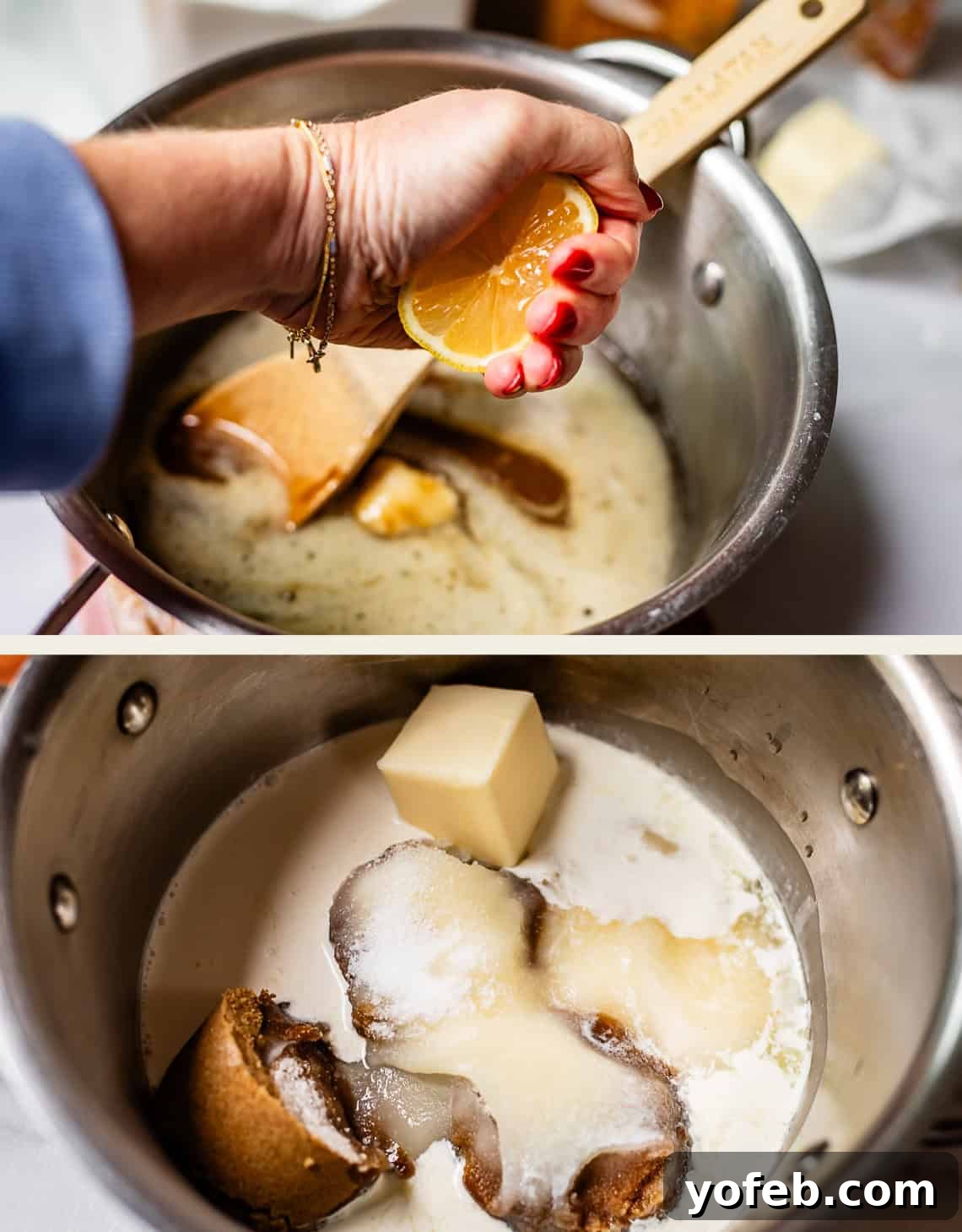 Buttery Pecan Bliss 11 Top: A hand squeezes a lemon into a saucepan with melted butter and brown sugar, stirring with a spatula. Bottom: Butter, cream, brown sugar, and white sugar in a saucepan before mixing.