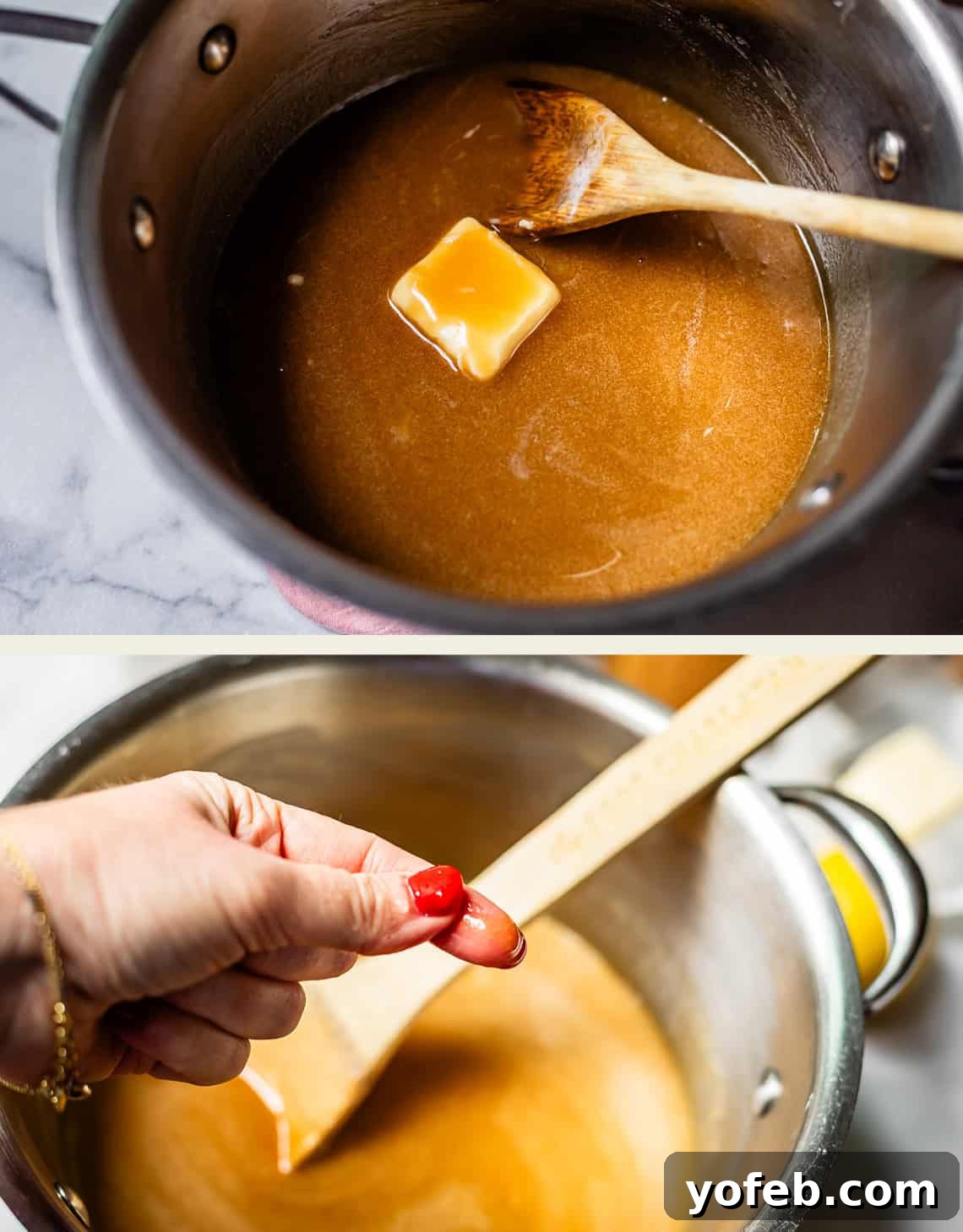 Buttery Pecan Bliss 12 Top: A saucepan with caramel sauce and a melting pat of butter, stirred with a wooden spoon. Bottom: A hand with red nail polish holds caramel between two fingers to test its consistency.