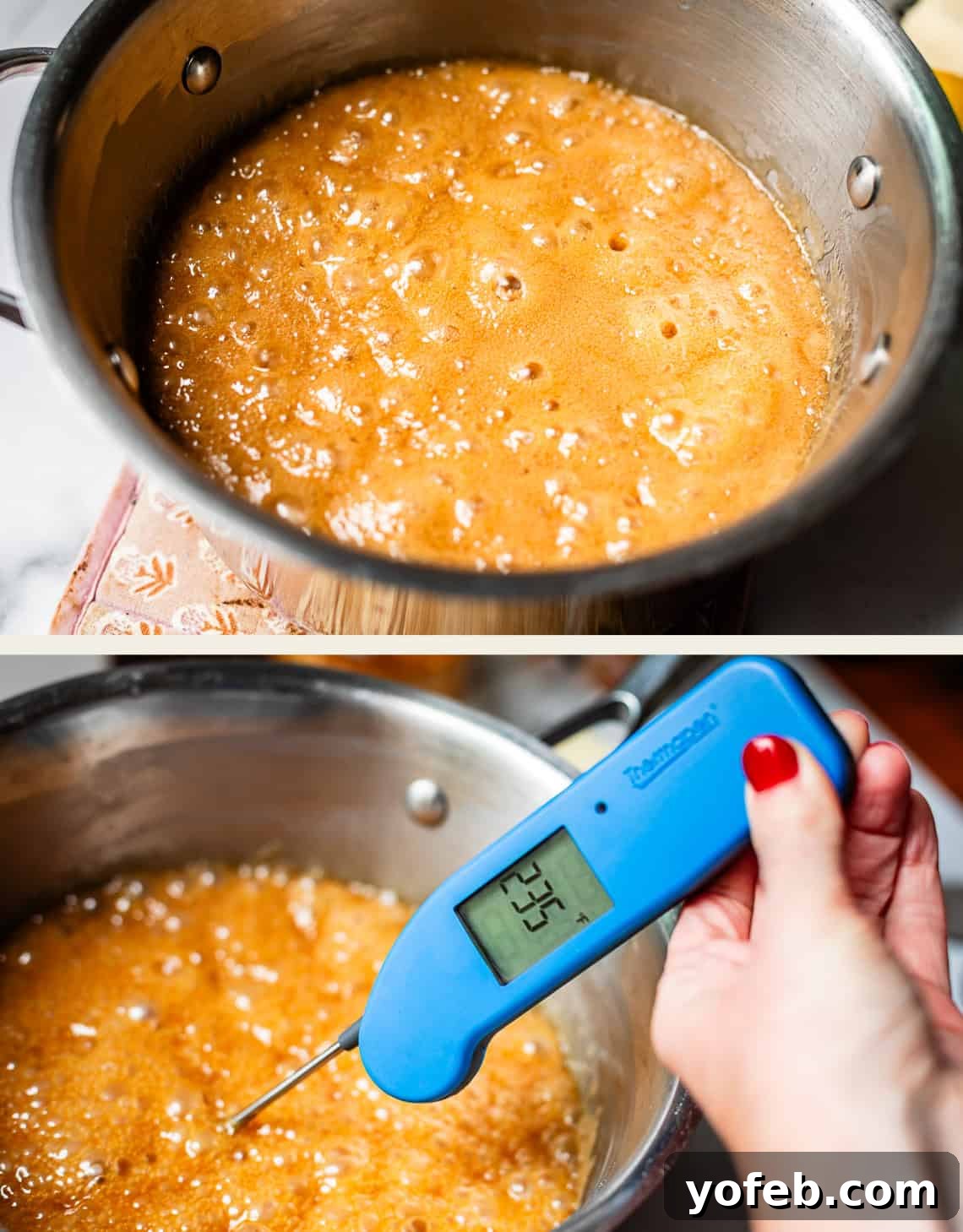 Buttery Pecan Bliss 13 Two images: Top shows a bubbling caramel-like mixture in a saucepan. Bottom shows a hand holding a blue thermometer reading 323°F, measuring the temperature of the bubbling mixture in the same saucepan.