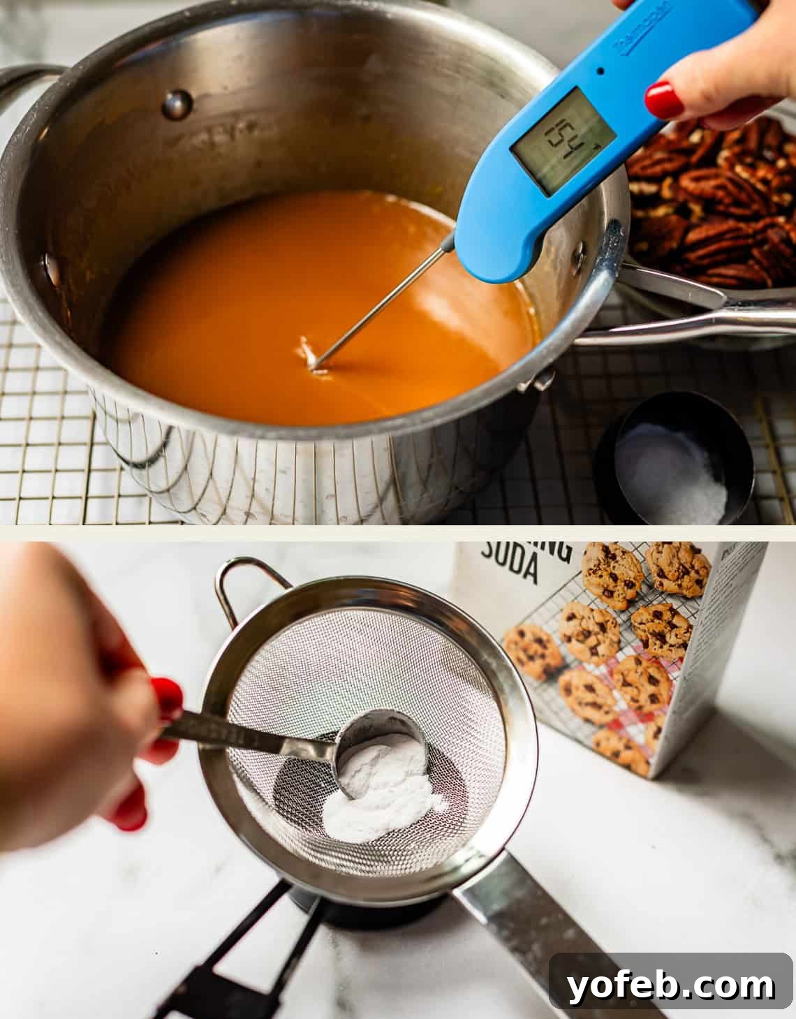 Buttery Pecan Bliss 14 Top: Hand holding a thermometer in a pot of caramel sauce; digital display reads 254°F. Bottom: Hand spooning baking soda into a fine-mesh strainer over a bowl, with a box of baking soda and cookies in the background.