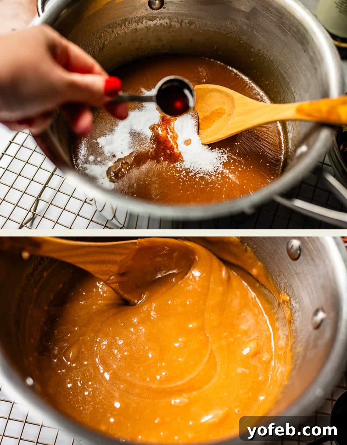 Buttery Pecan Bliss 15 Top: A hand adds vanilla extract to a pot of caramel mixture, stirred with a wooden spoon. Bottom: The caramel mixture is thickened and smooth in the pot, being stirred with the spoon.