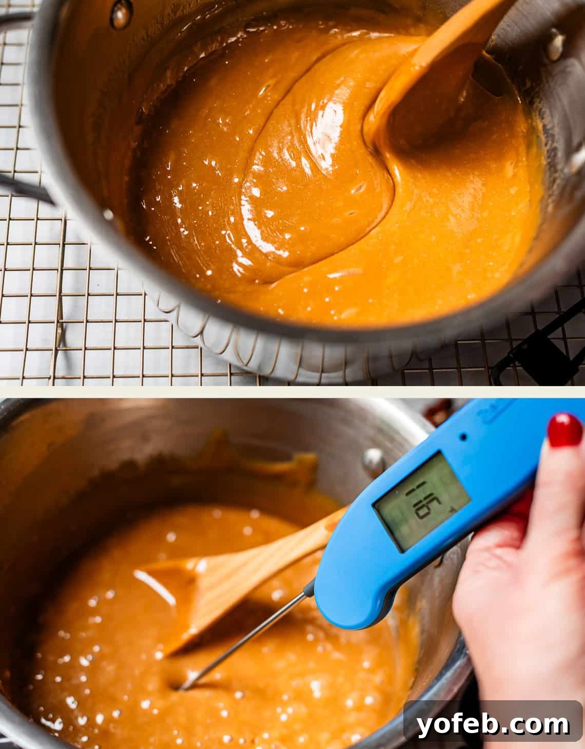 Buttery Pecan Bliss 16 Two photos: the top shows caramel-like sauce being stirred in a saucepan with a wooden spoon; the bottom shows a hand holding a thermometer reading 176°F above the same mixture in the saucepan.
