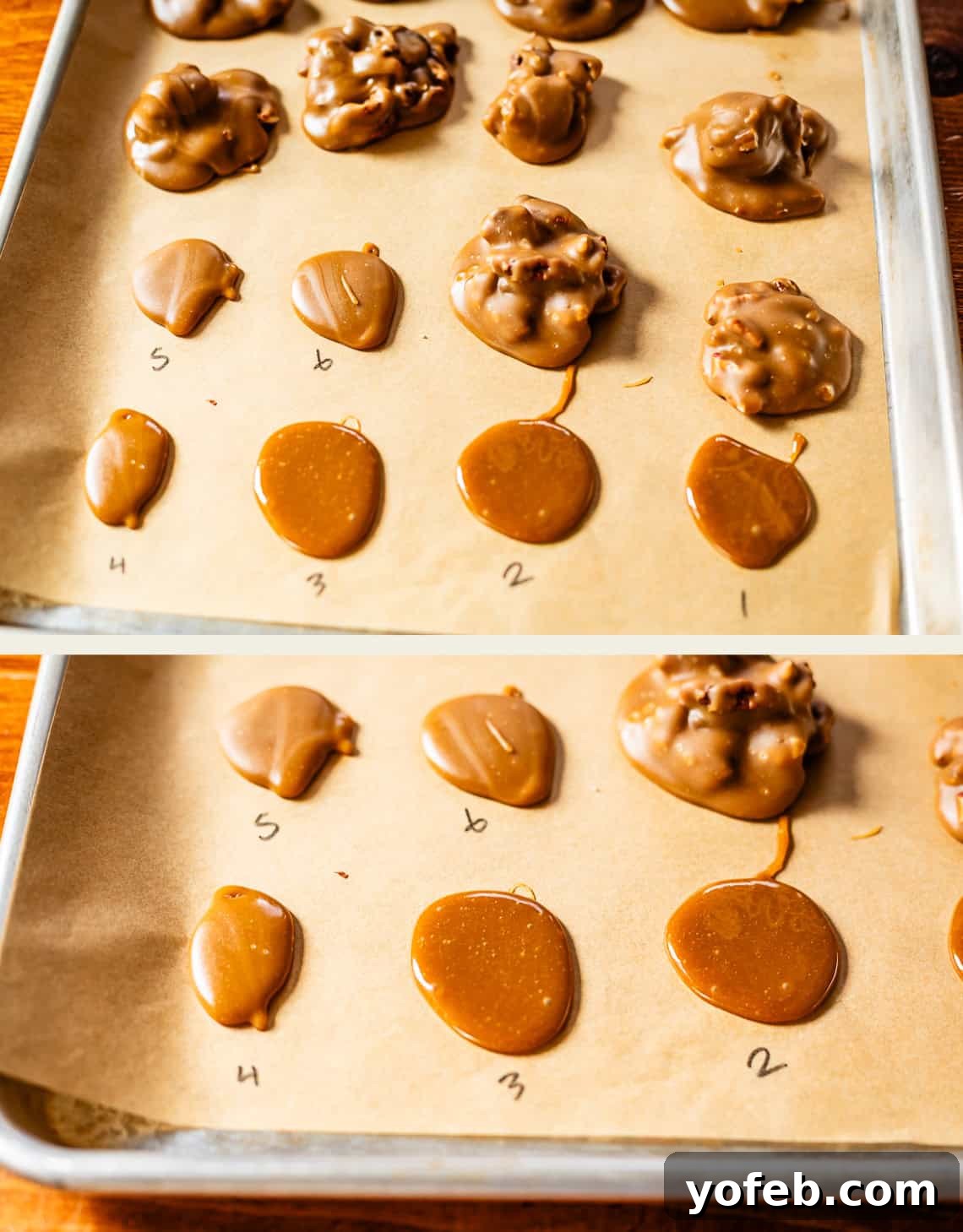 Buttery Pecan Bliss 17 Two baking sheets lined with parchment paper, each holding drops of caramel-like candy labeled with numbers 1–5. Some candies are smooth and flat, others are lumpy with nuts, showing different textures and consistencies.
